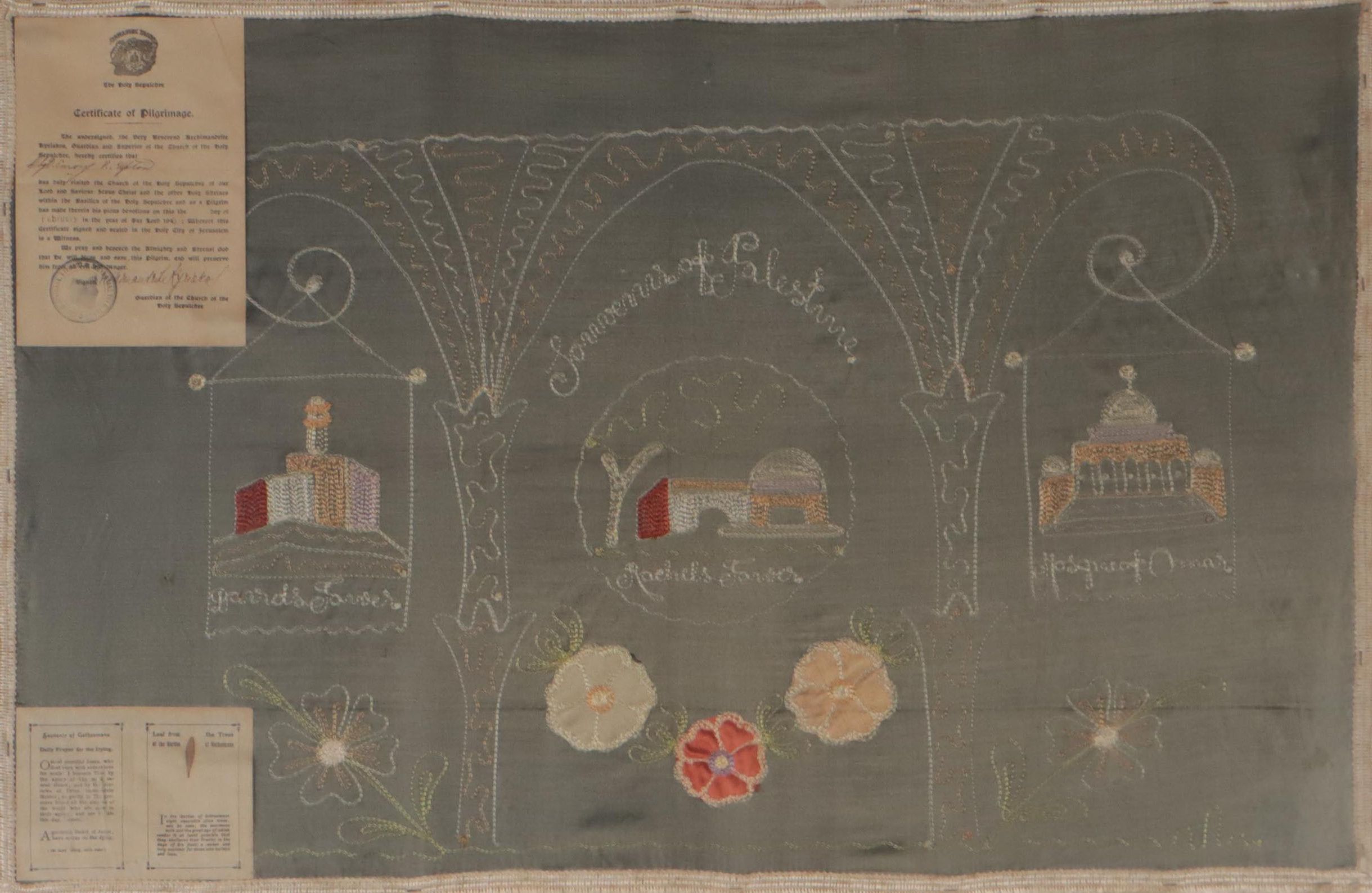 Embroidered Panel Certificate of Pilgrimage of Holy Sepulchre, 1945