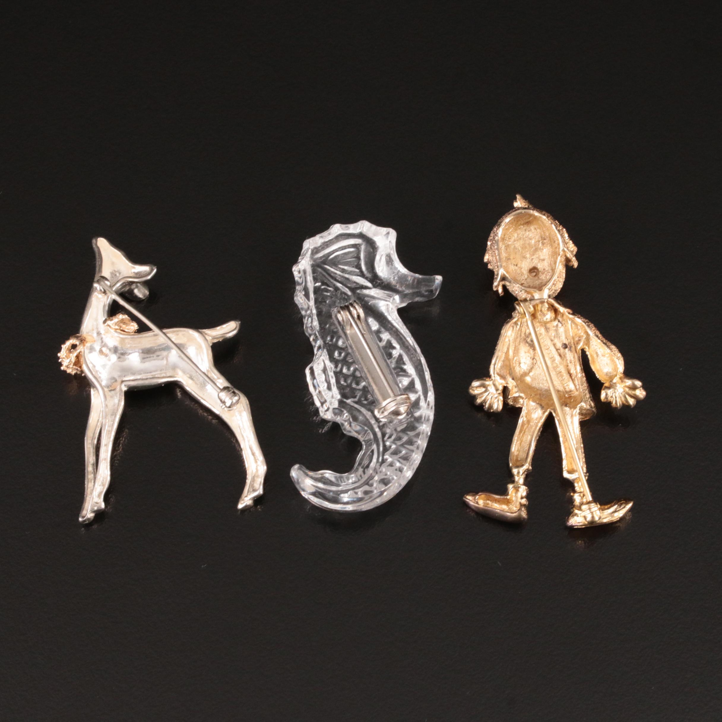 Waterford Crystal Seahorse, Les Bernard, and Ruby Featured in Sterling Brooches
