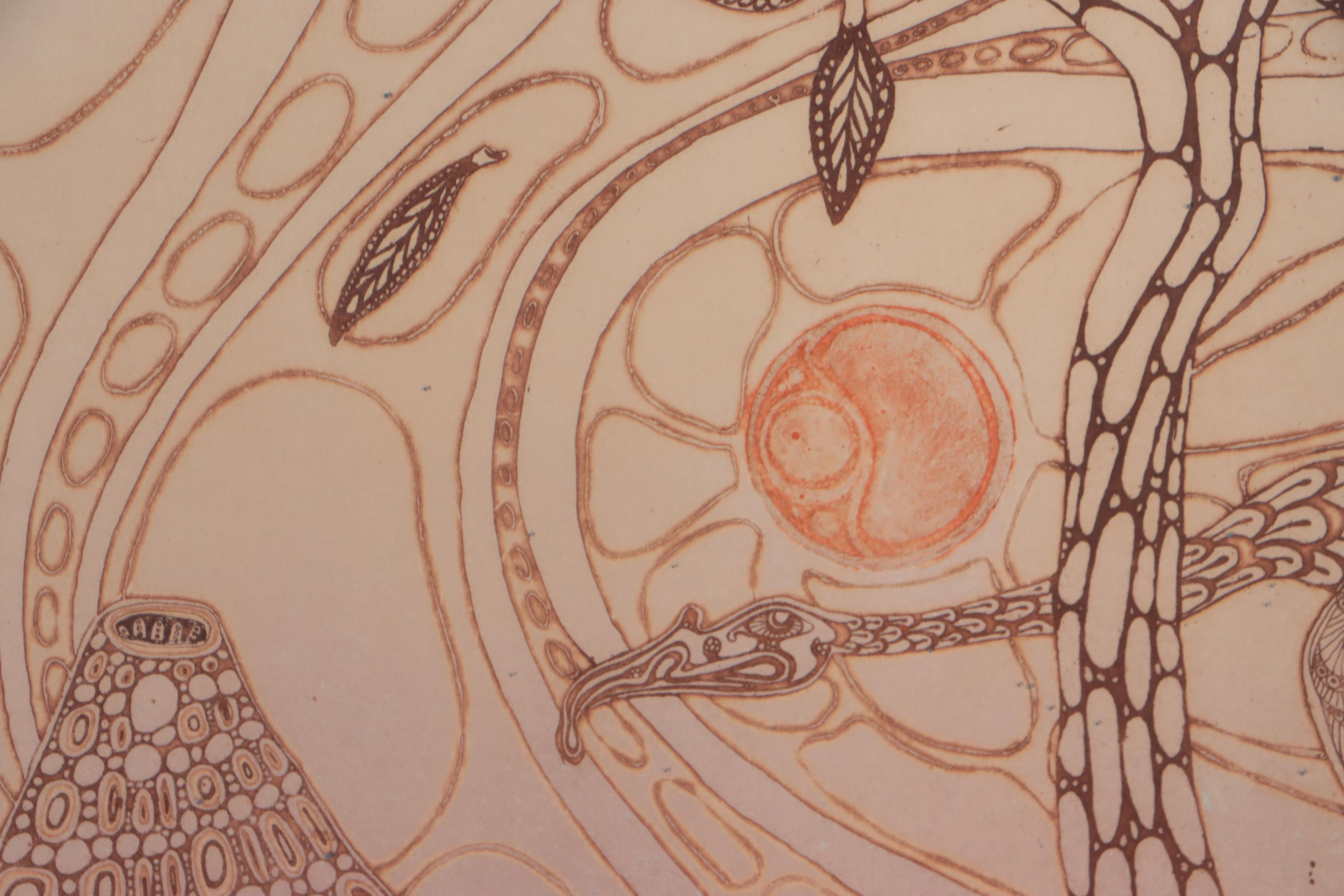 Jesse Allen Landscape Aquatint of Volcano and Bird, 1972