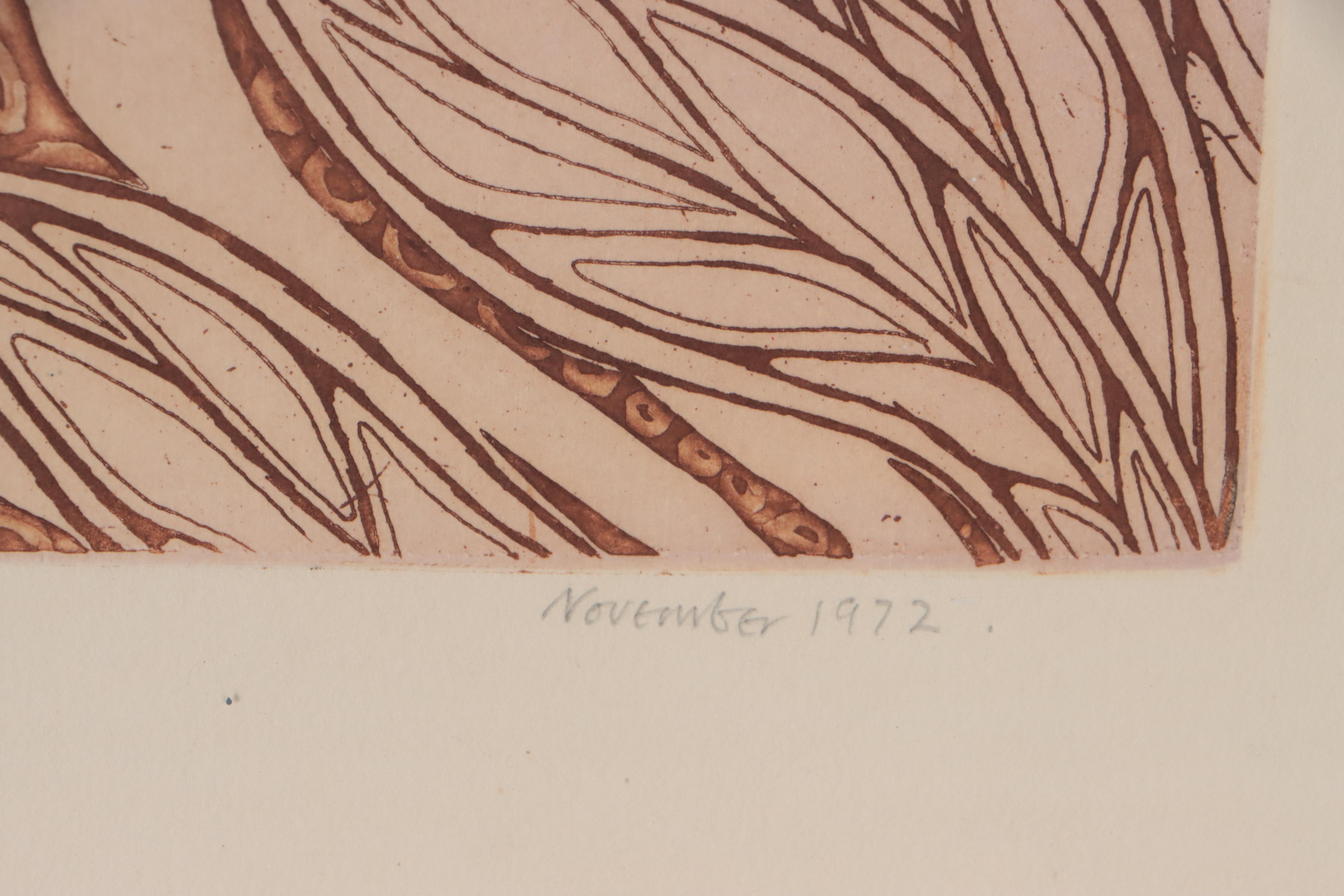 Jesse Allen Landscape Aquatint of Volcano and Bird, 1972