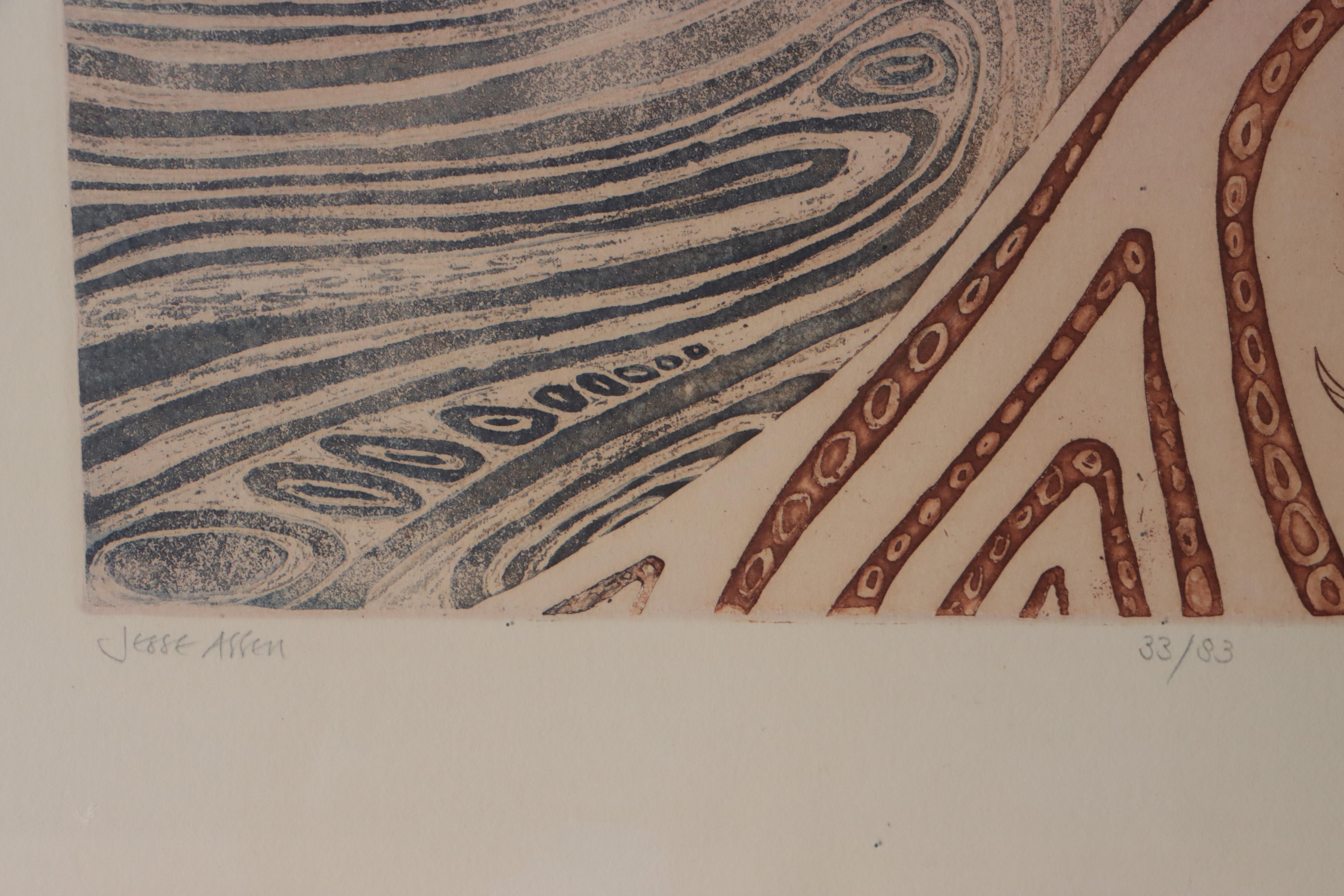 Jesse Allen Landscape Aquatint of Volcano and Bird, 1972