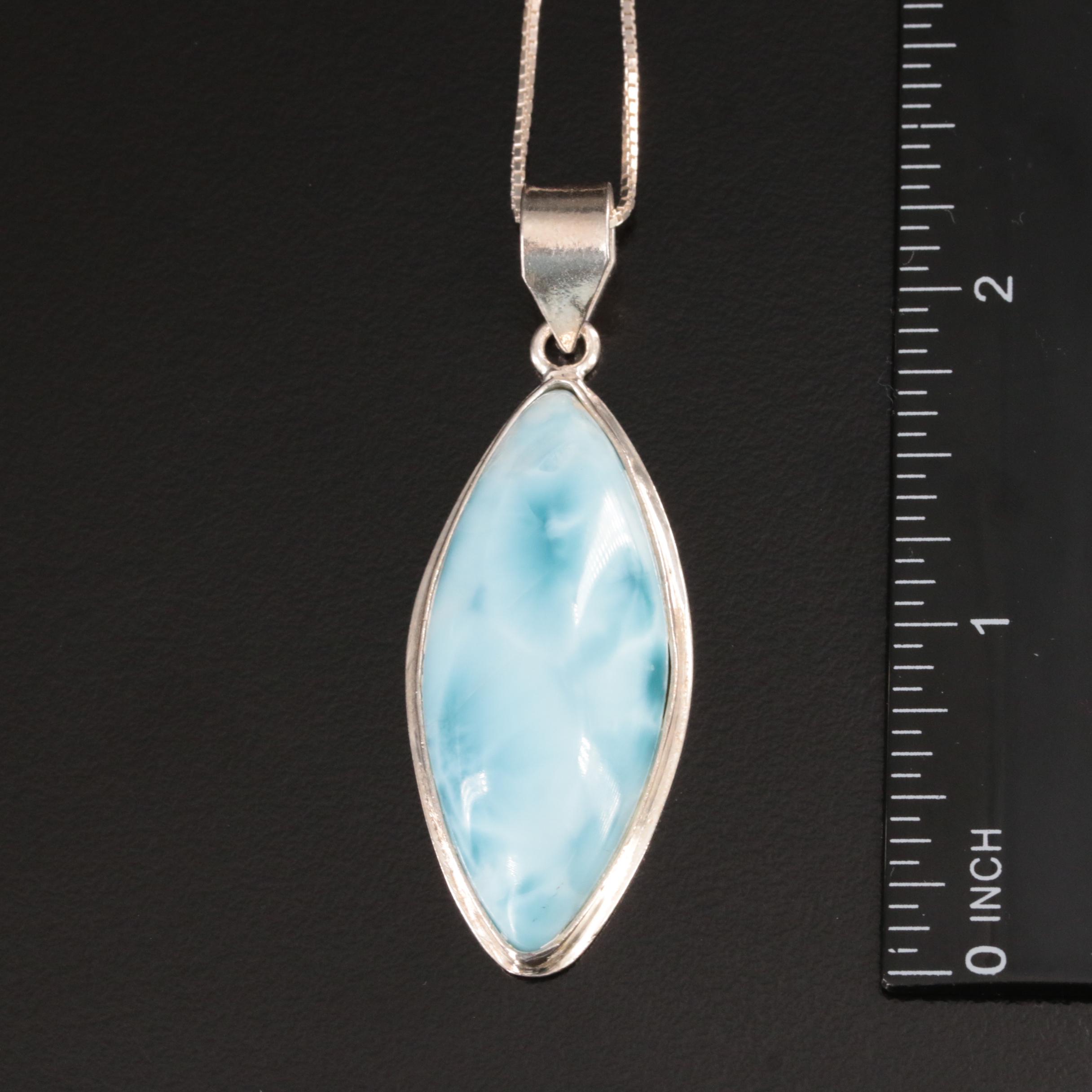 Sterling Larimar Pendant and Bead Chain Lariat Necklaces