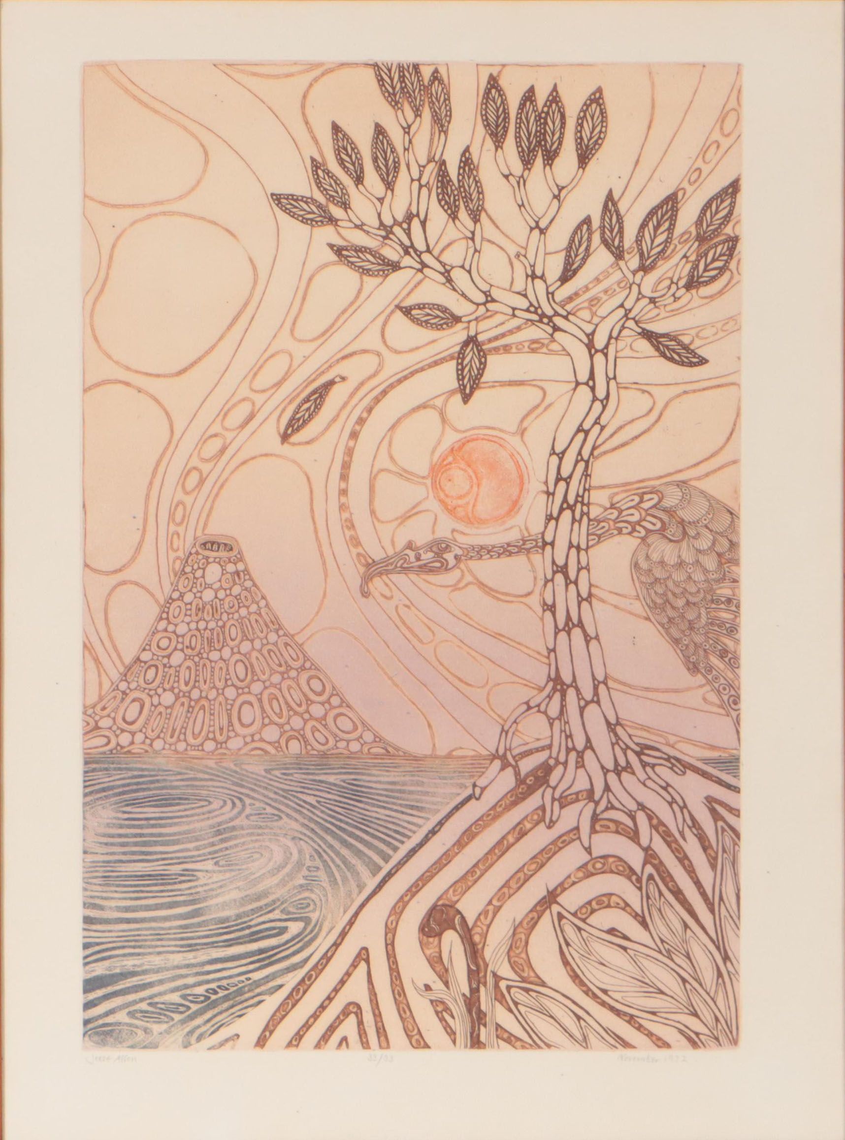 Jesse Allen Landscape Aquatint of Volcano and Bird, 1972