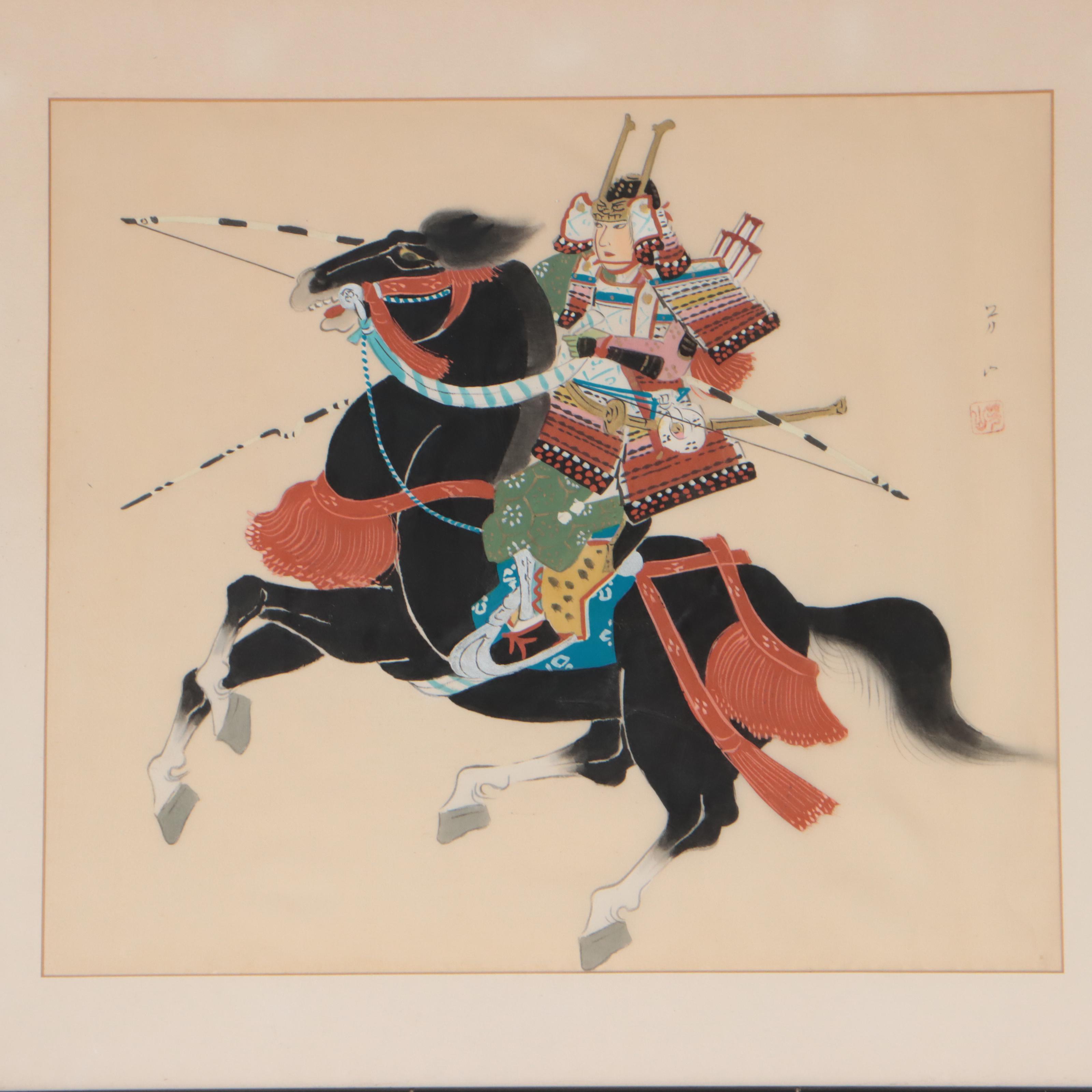 Japanese Ink and Gouache Paintings of Samurai, Mid-20th Century