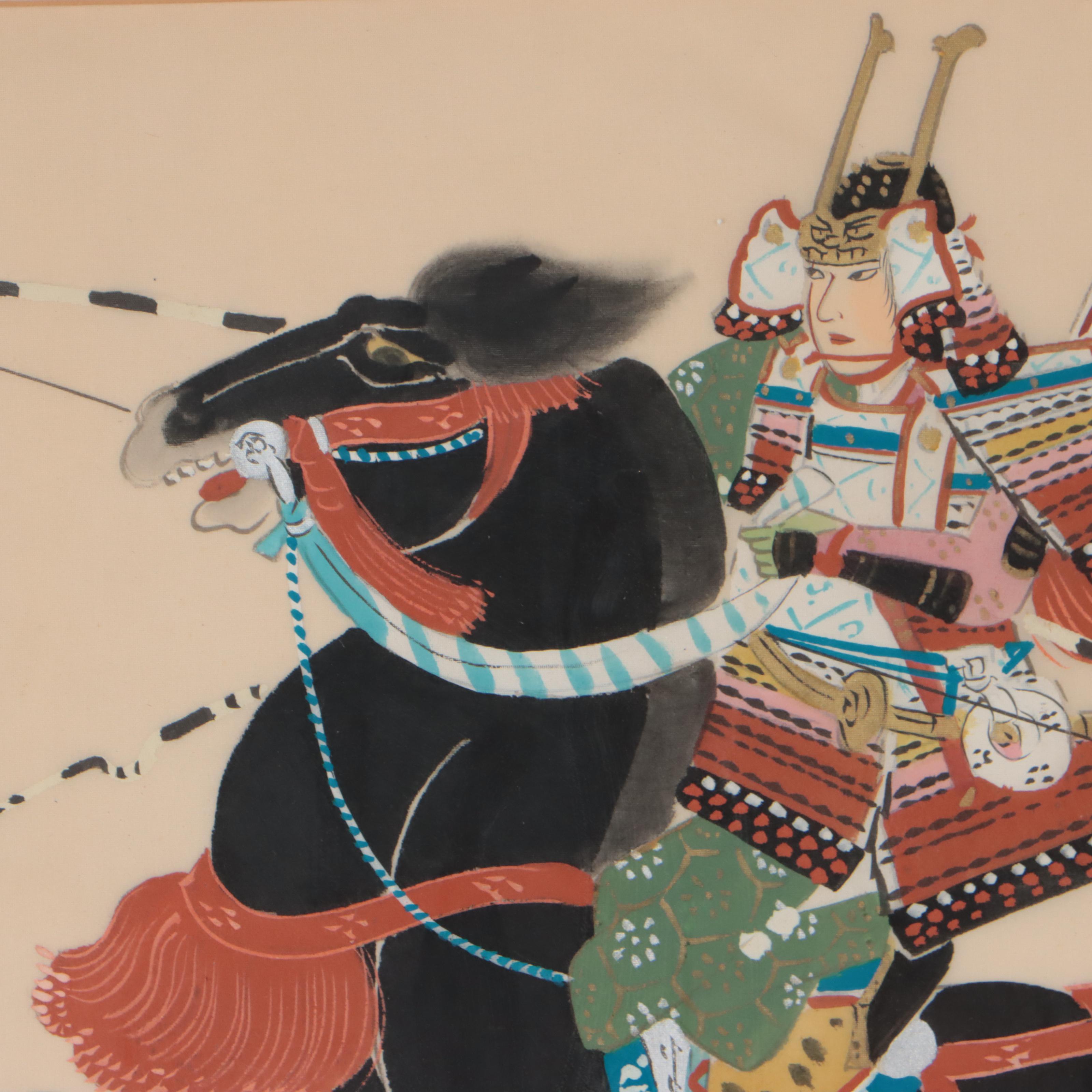 Japanese Ink and Gouache Paintings of Samurai, Mid-20th Century
