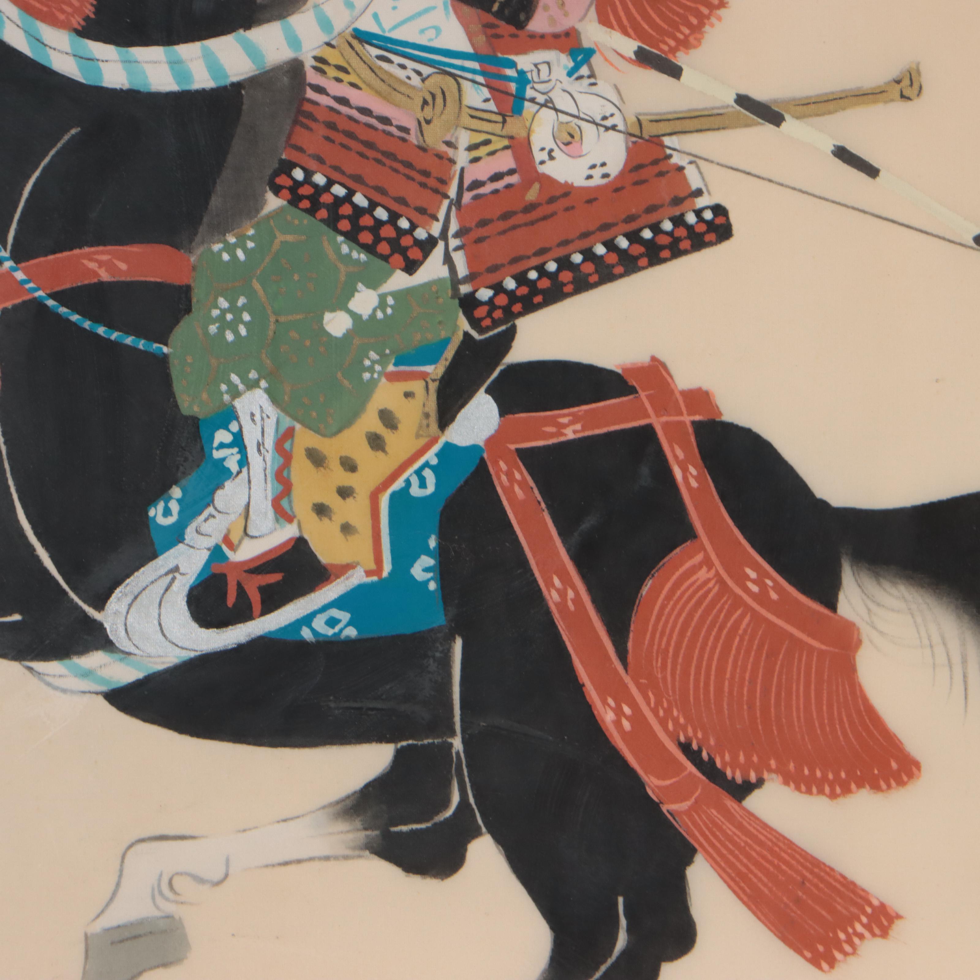Japanese Ink and Gouache Paintings of Samurai, Mid-20th Century