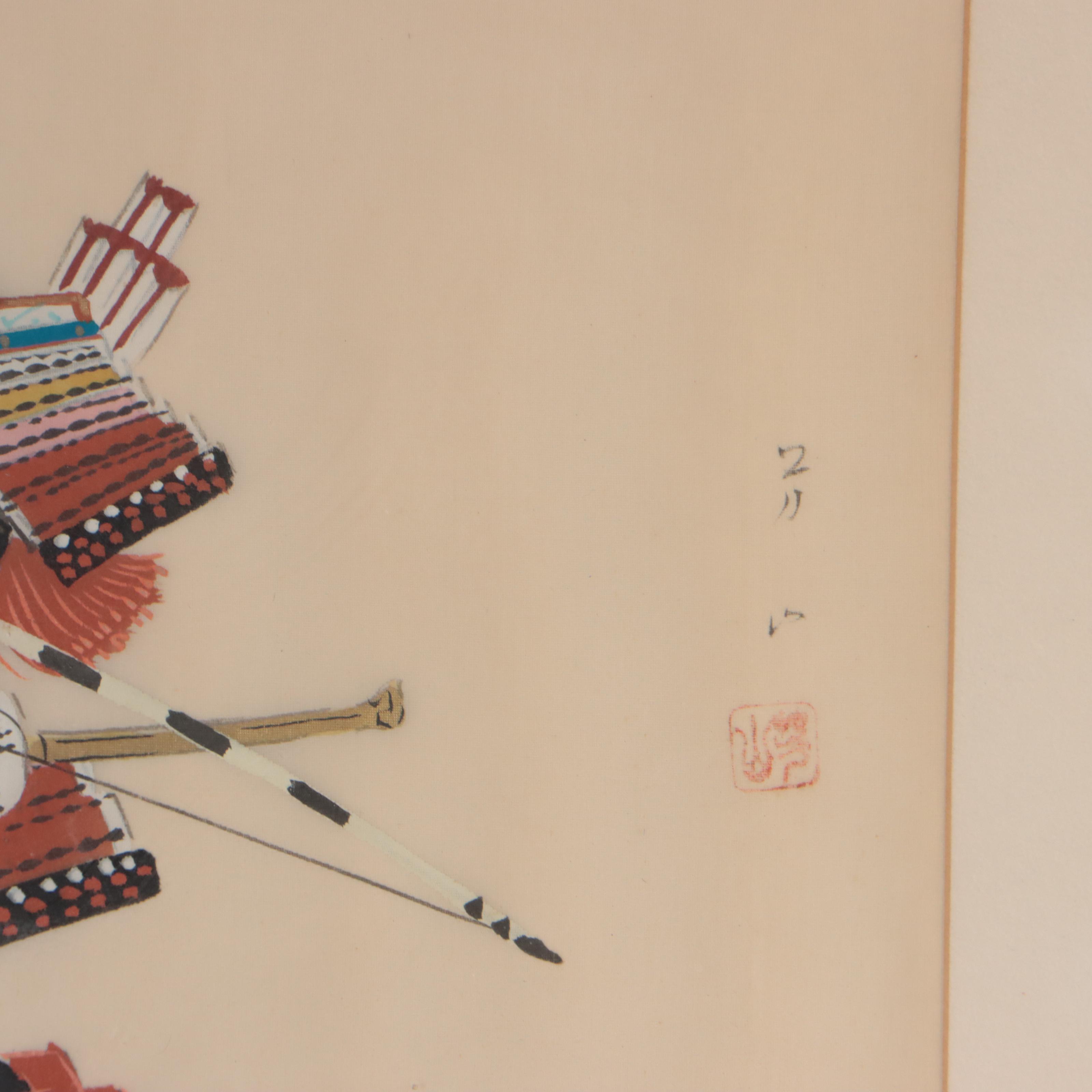 Japanese Ink and Gouache Paintings of Samurai, Mid-20th Century