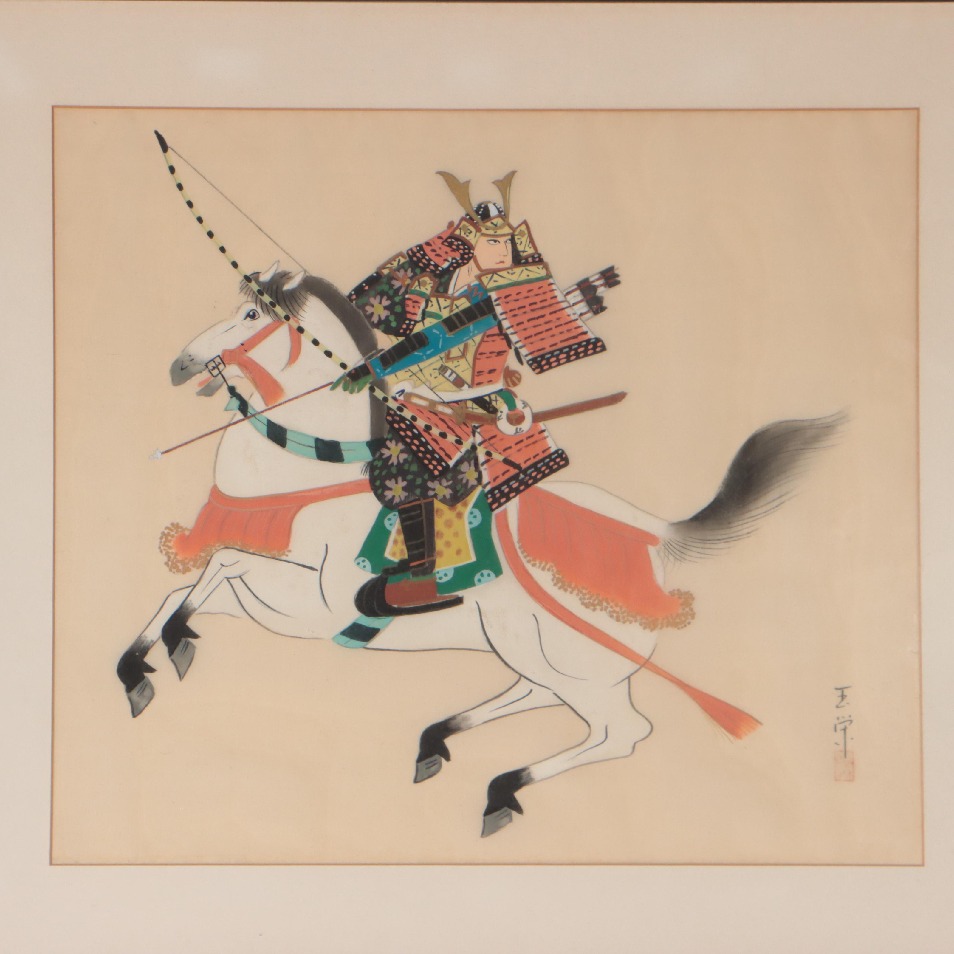 Japanese Ink and Gouache Paintings of Samurai, Mid-20th Century