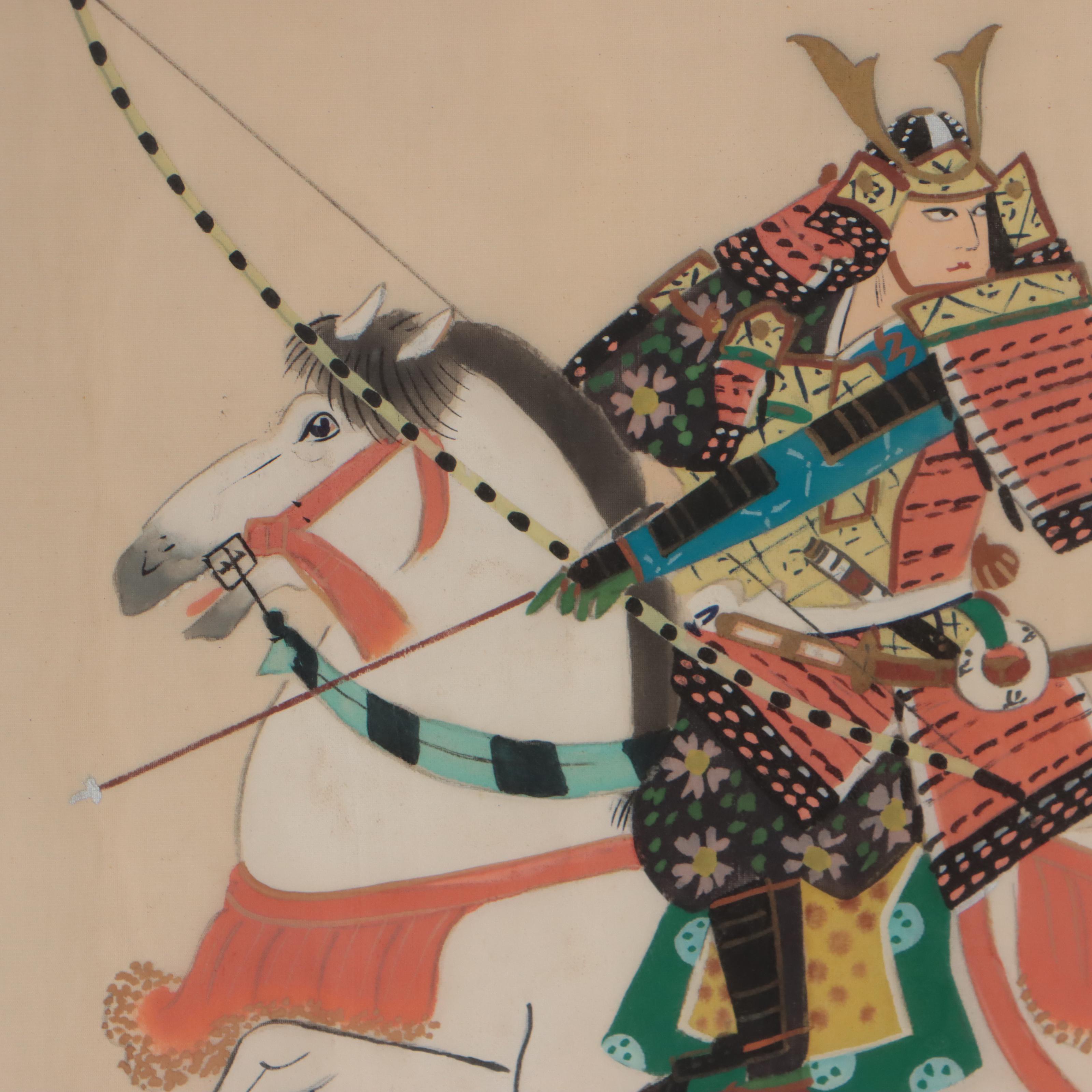 Japanese Ink and Gouache Paintings of Samurai, Mid-20th Century