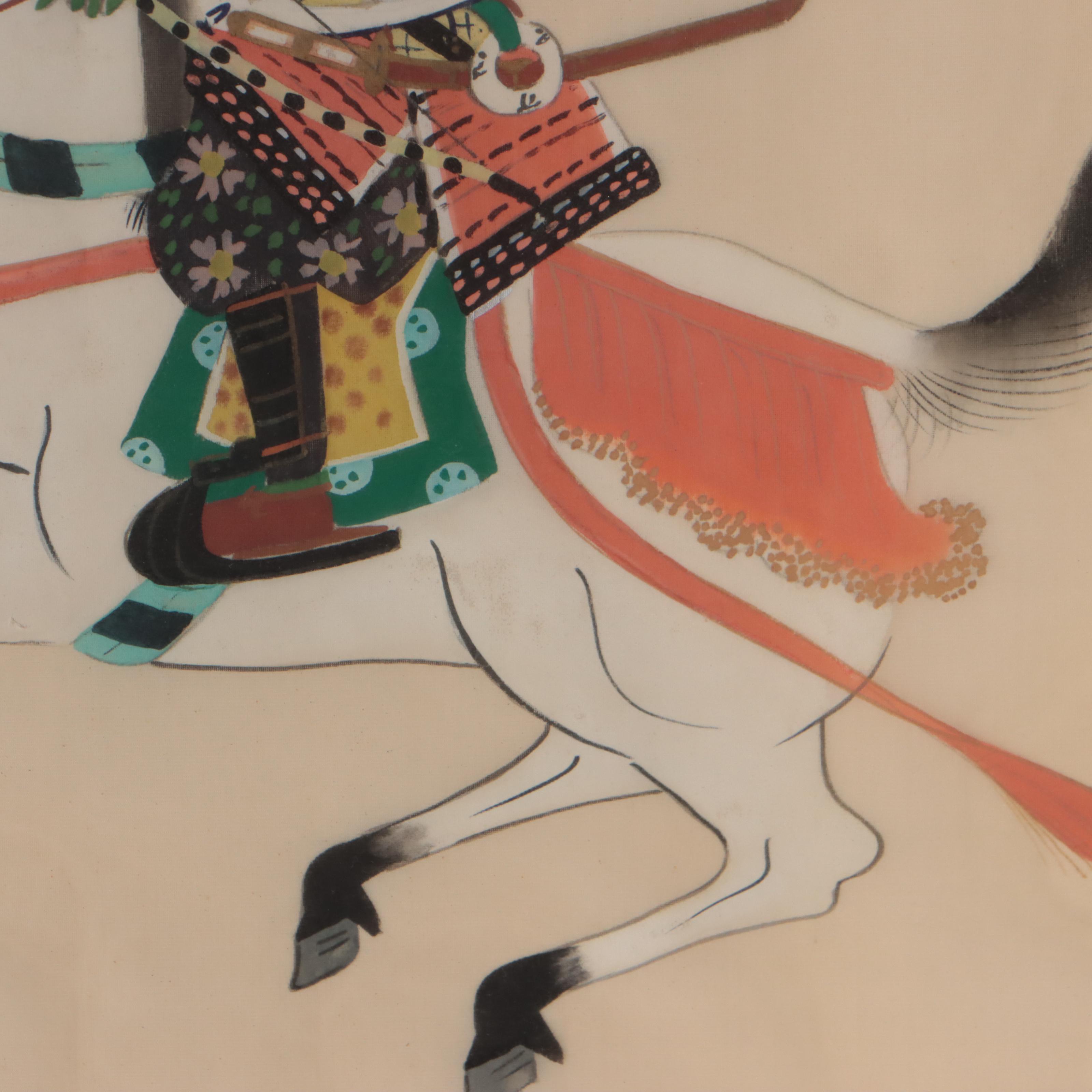 Japanese Ink and Gouache Paintings of Samurai, Mid-20th Century