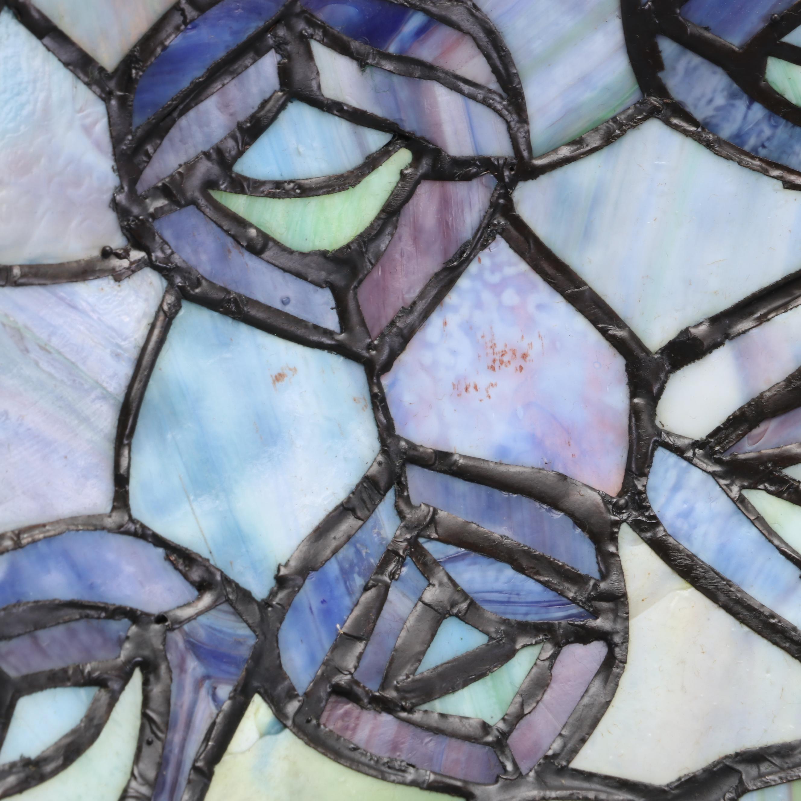 Art Nouveau Style Bronzed Metal and Peacock Slag Glass Table Lamp