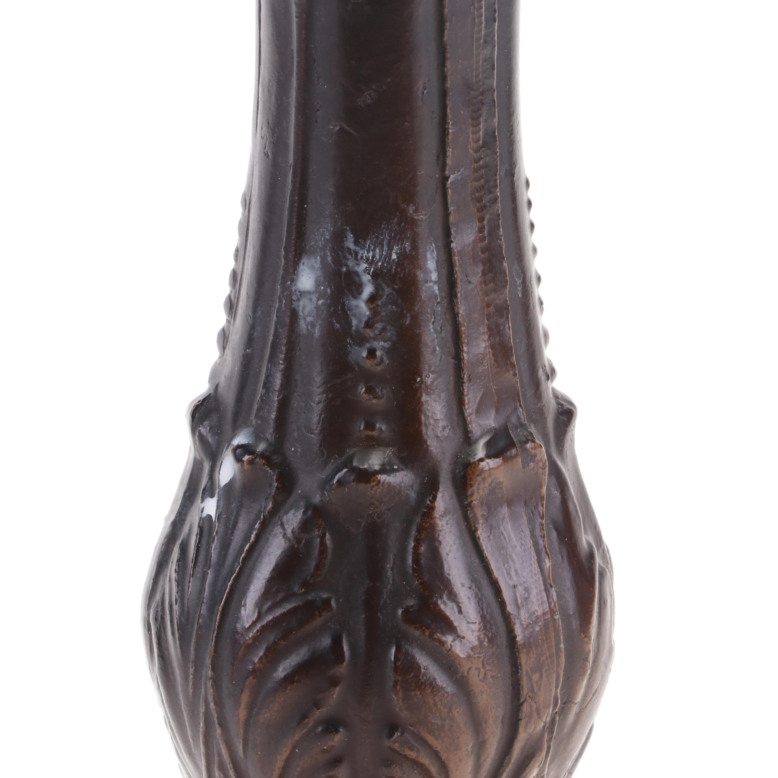 Art Nouveau Style Bronzed Metal and Peacock Slag Glass Table Lamp