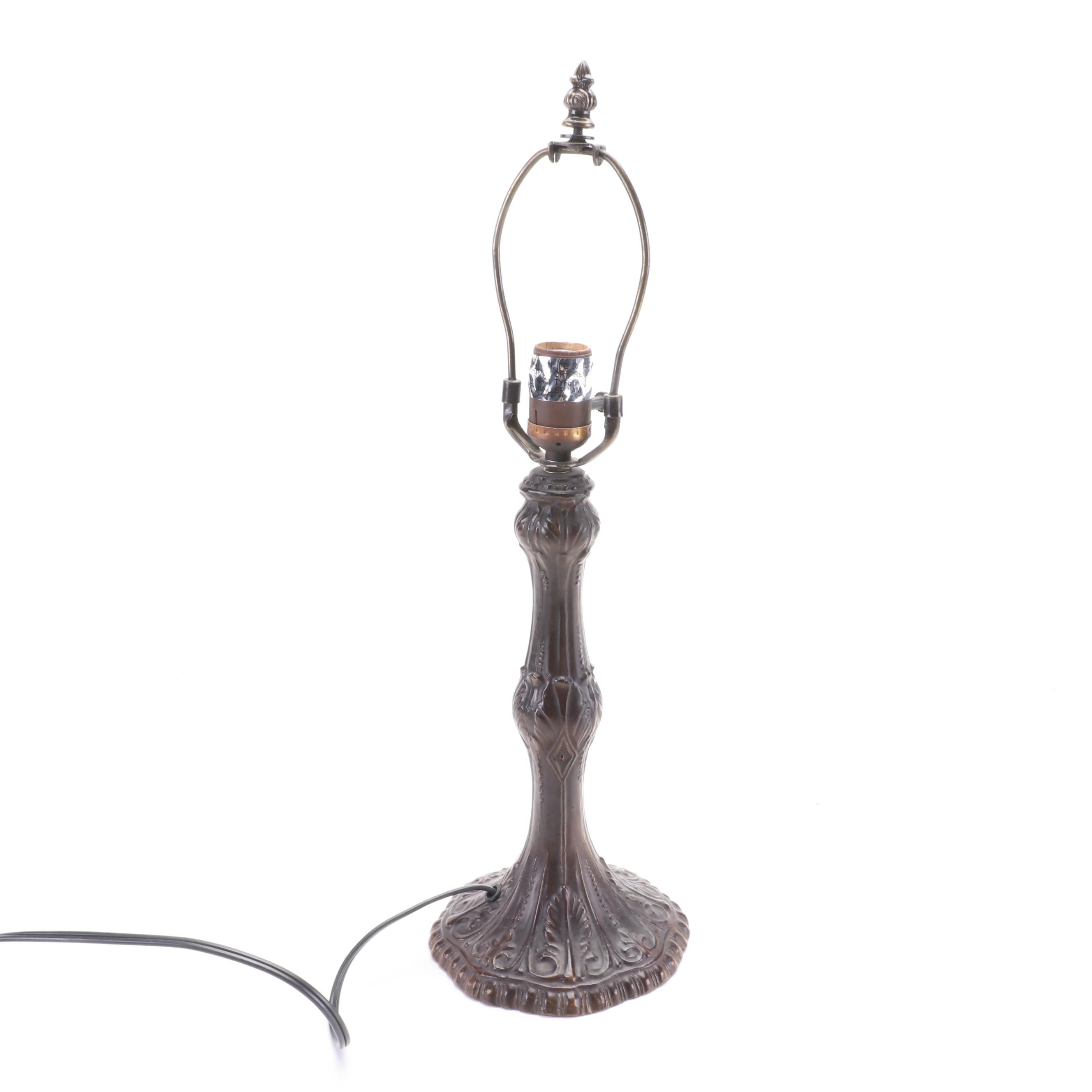 Art Nouveau Style Bronzed Metal and Peacock Slag Glass Table Lamp