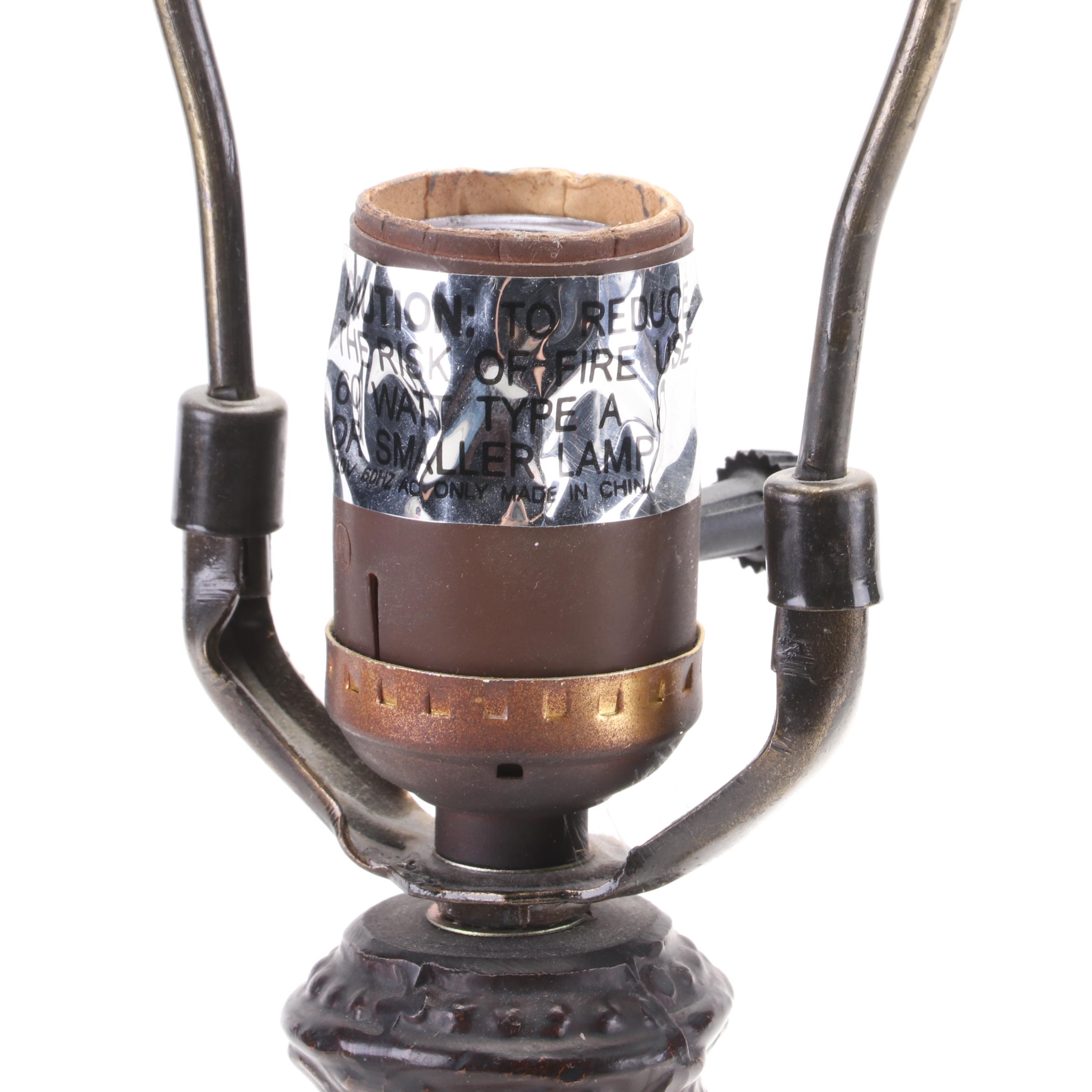 Art Nouveau Style Bronzed Metal and Peacock Slag Glass Table Lamp