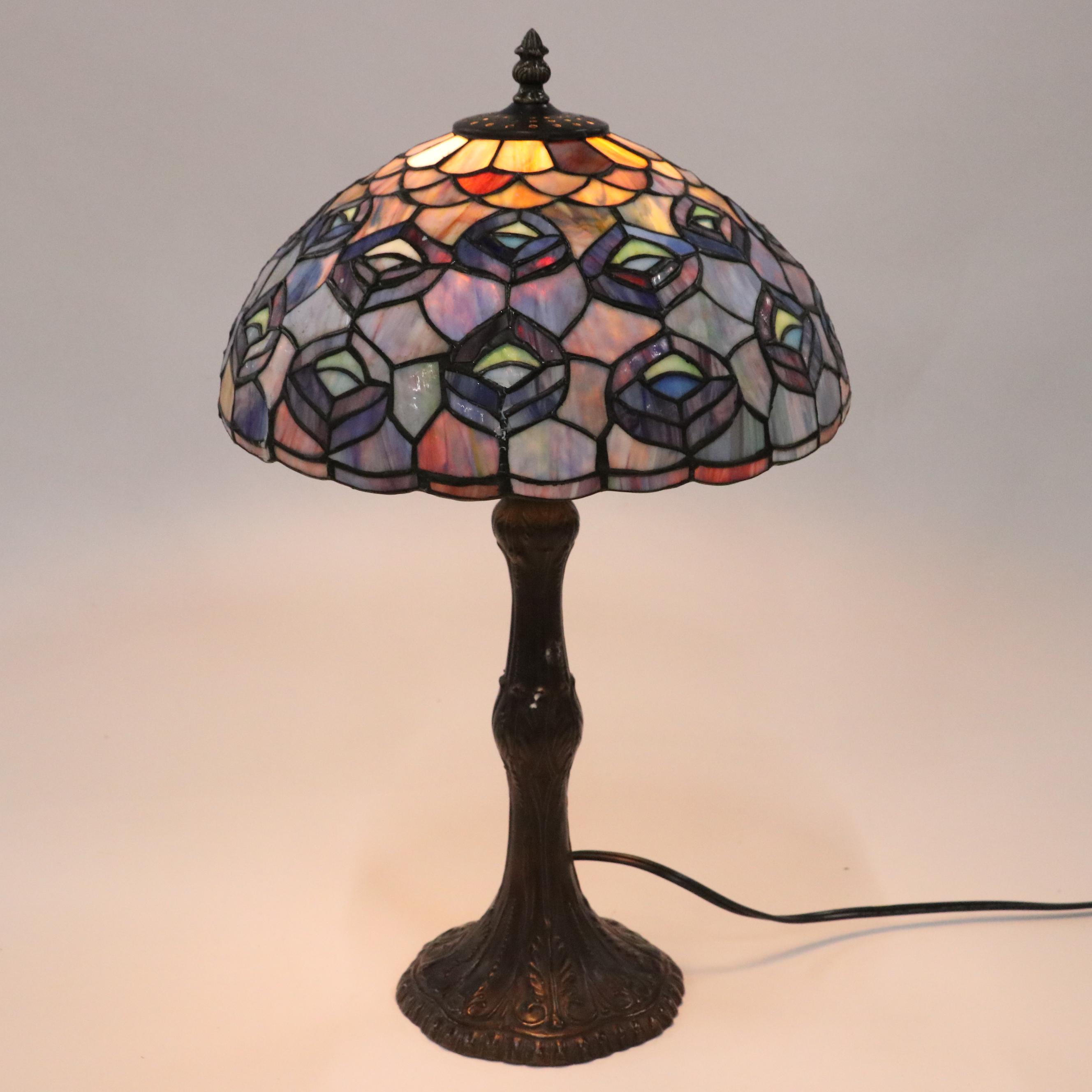 Art Nouveau Style Bronzed Metal and Peacock Slag Glass Table Lamp