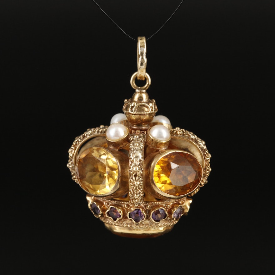 18K Citrine, Amethyst and Pearl Fob