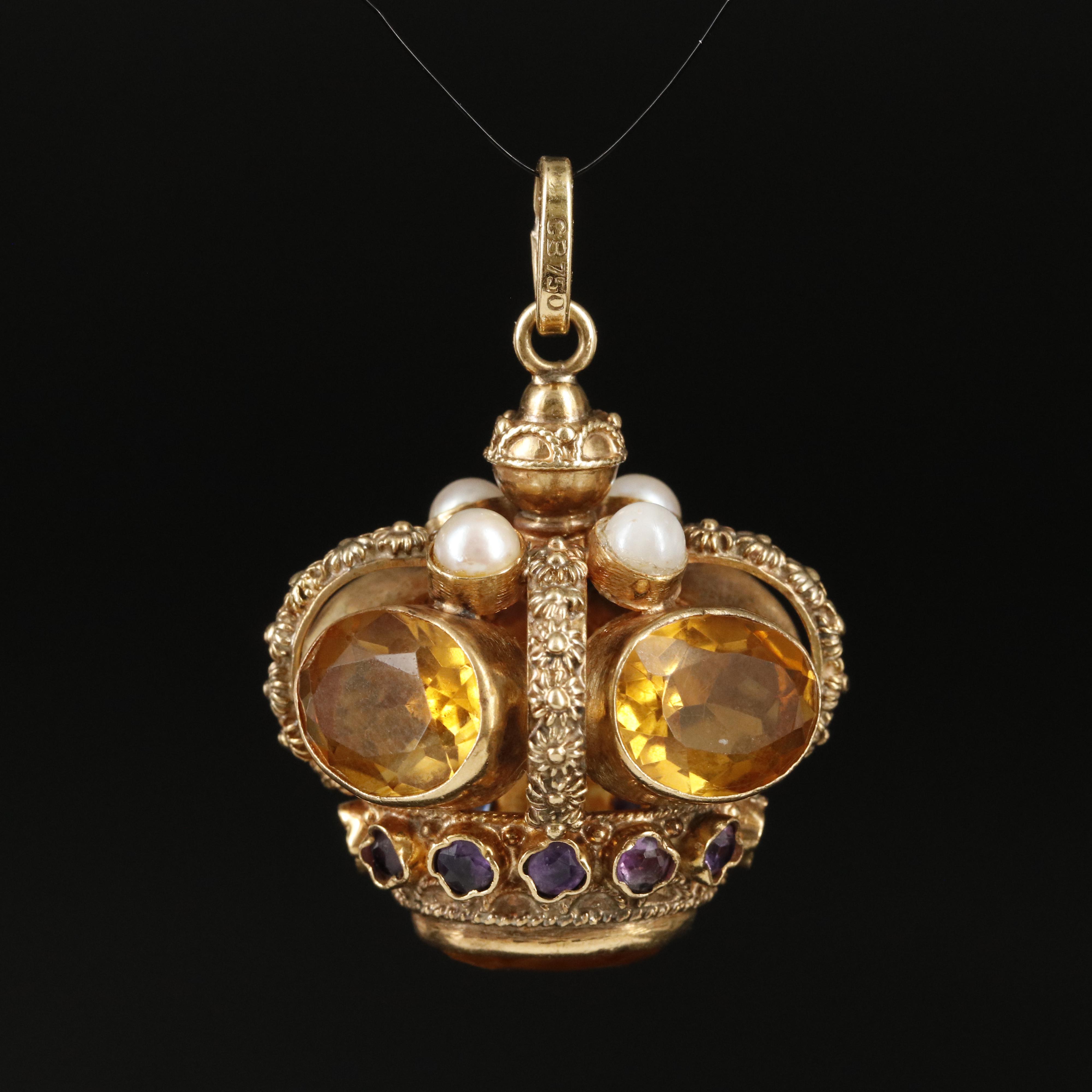 18K Citrine, Amethyst and Pearl Fob
