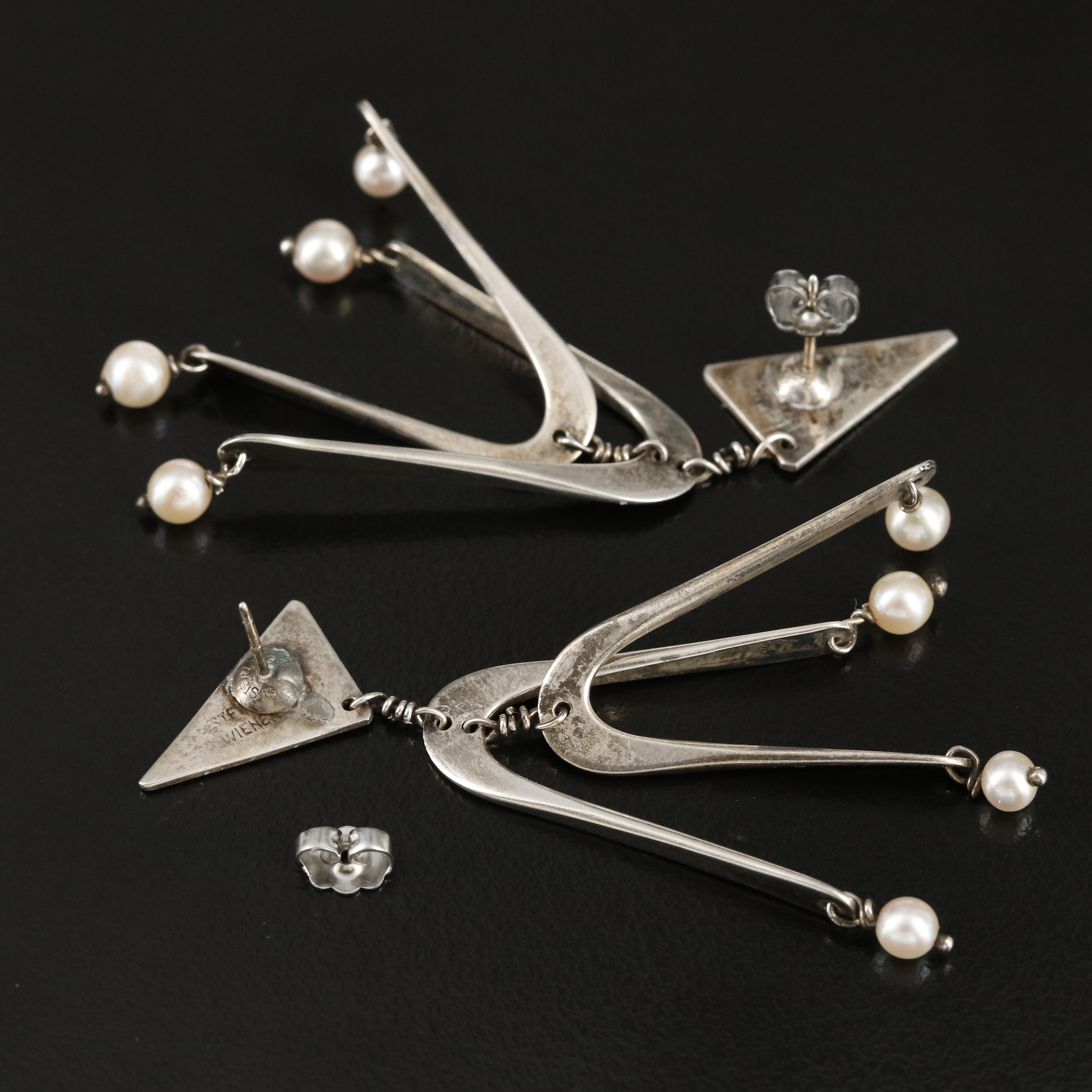 Ed Wiener Sterling Kinetic Pearl Earrings