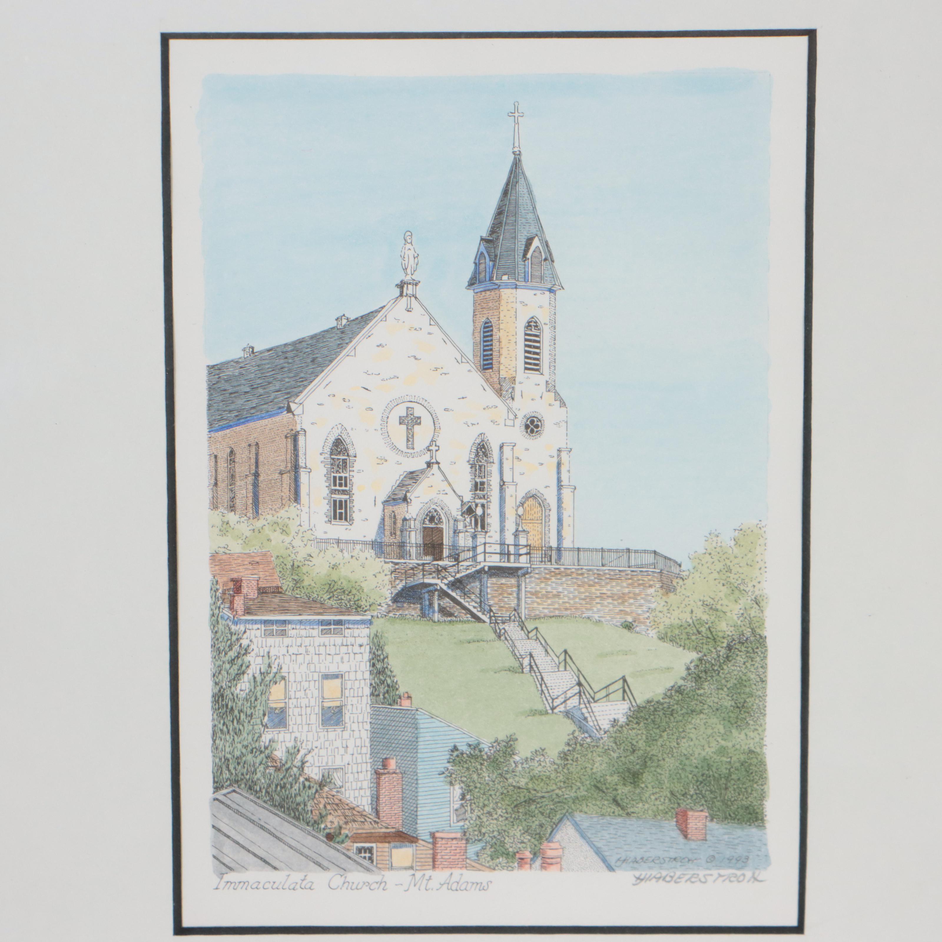 Helen Haberstroh Hand-Colored Lithograph "Immaculate Church-Mt. Adams" and More