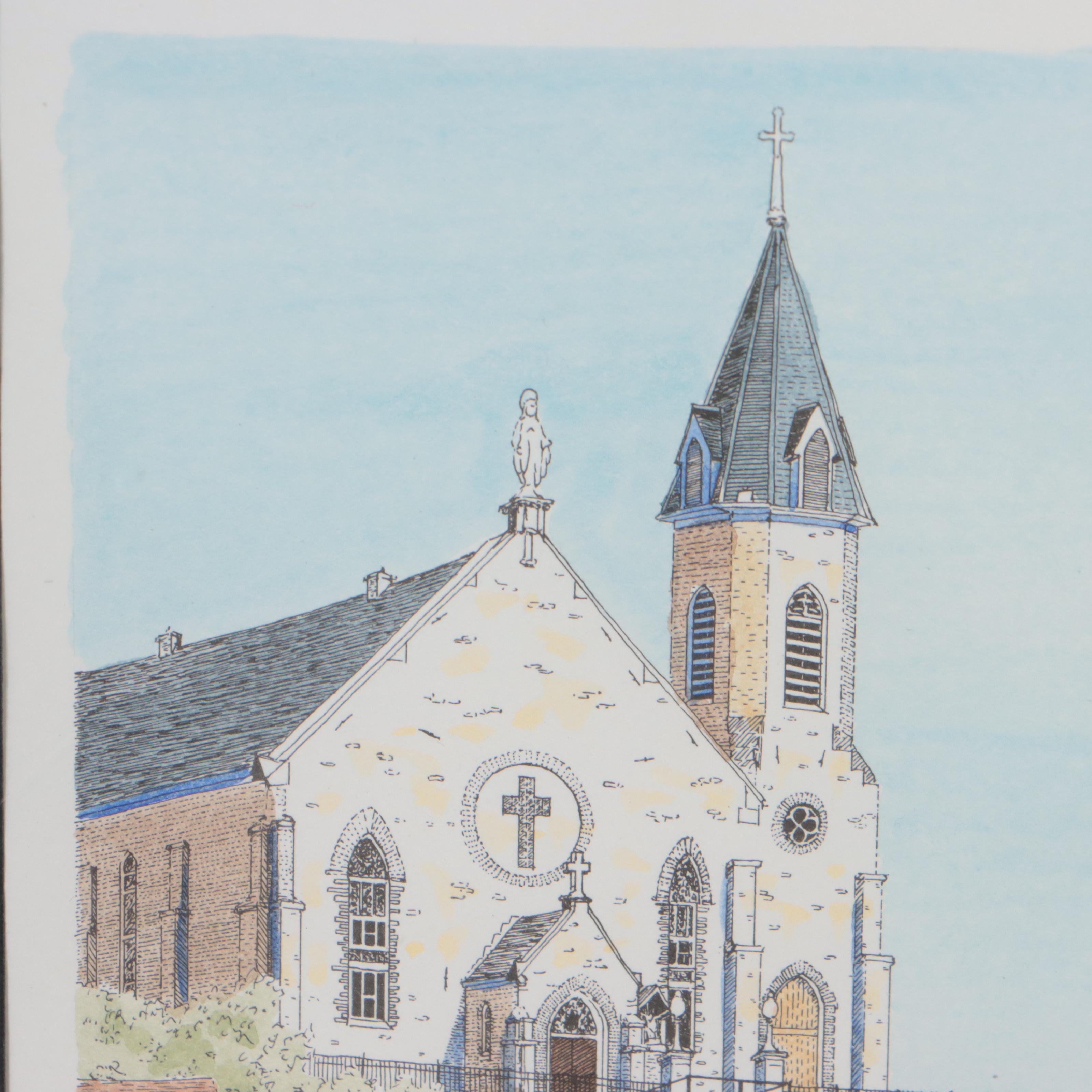 Helen Haberstroh Hand-Colored Lithograph "Immaculate Church-Mt. Adams" and More