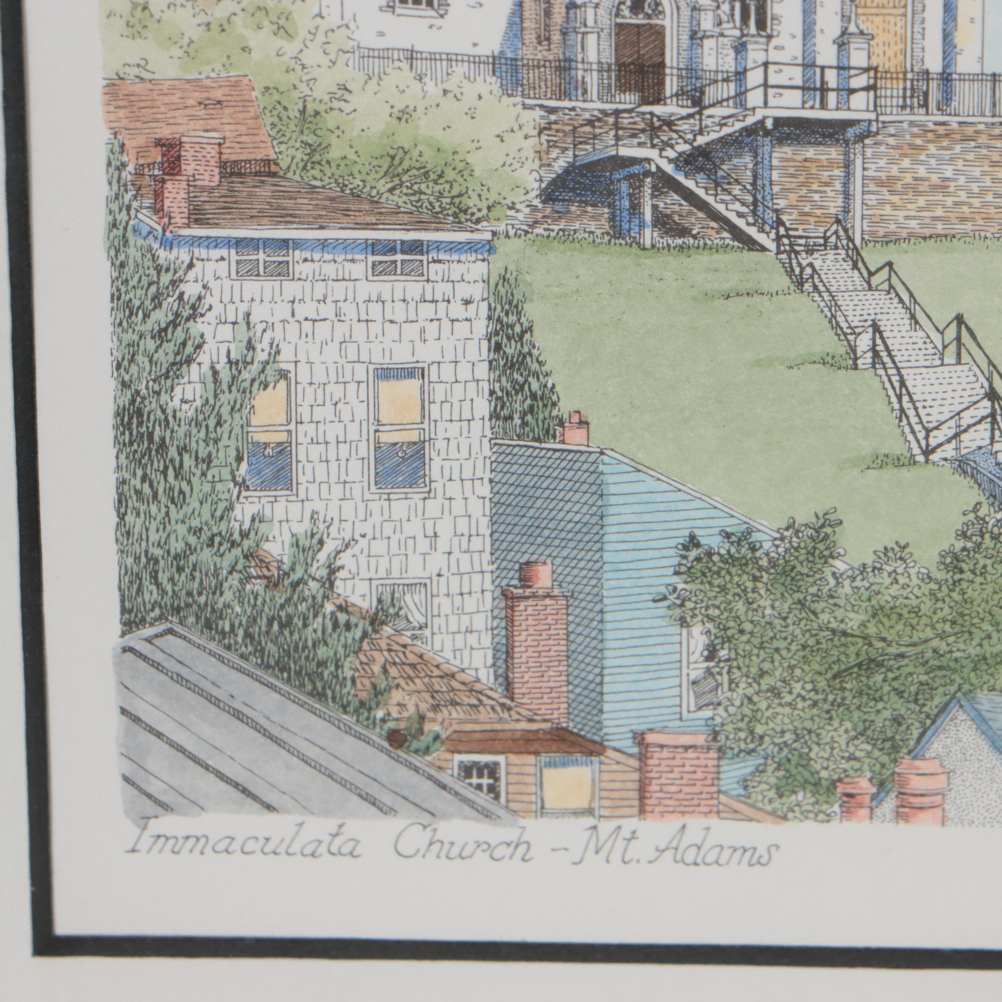 Helen Haberstroh Hand-Colored Lithograph "Immaculate Church-Mt. Adams" and More