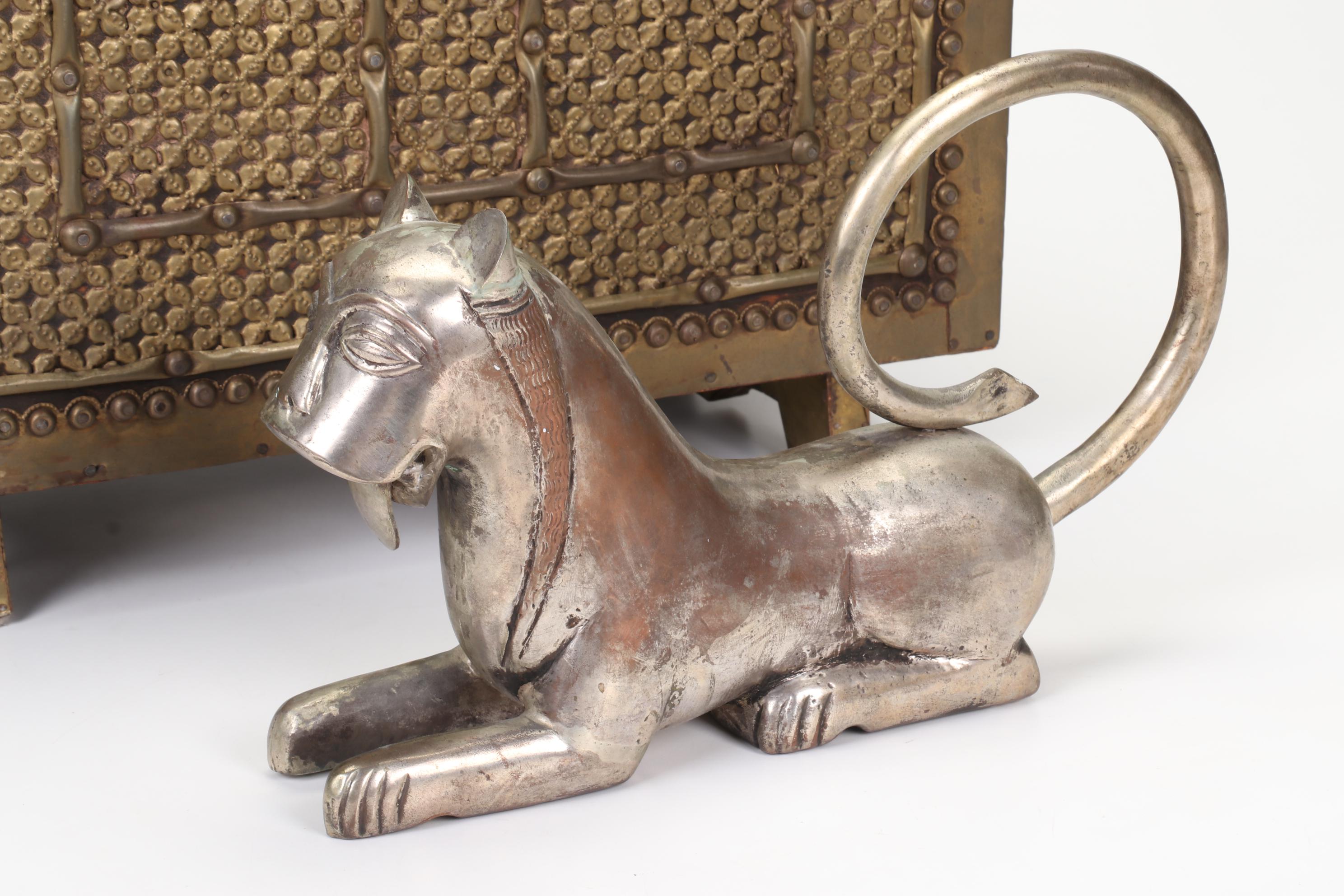 Persian Brass-Clad Wooden Dowry Chest and Metal Cat Statue