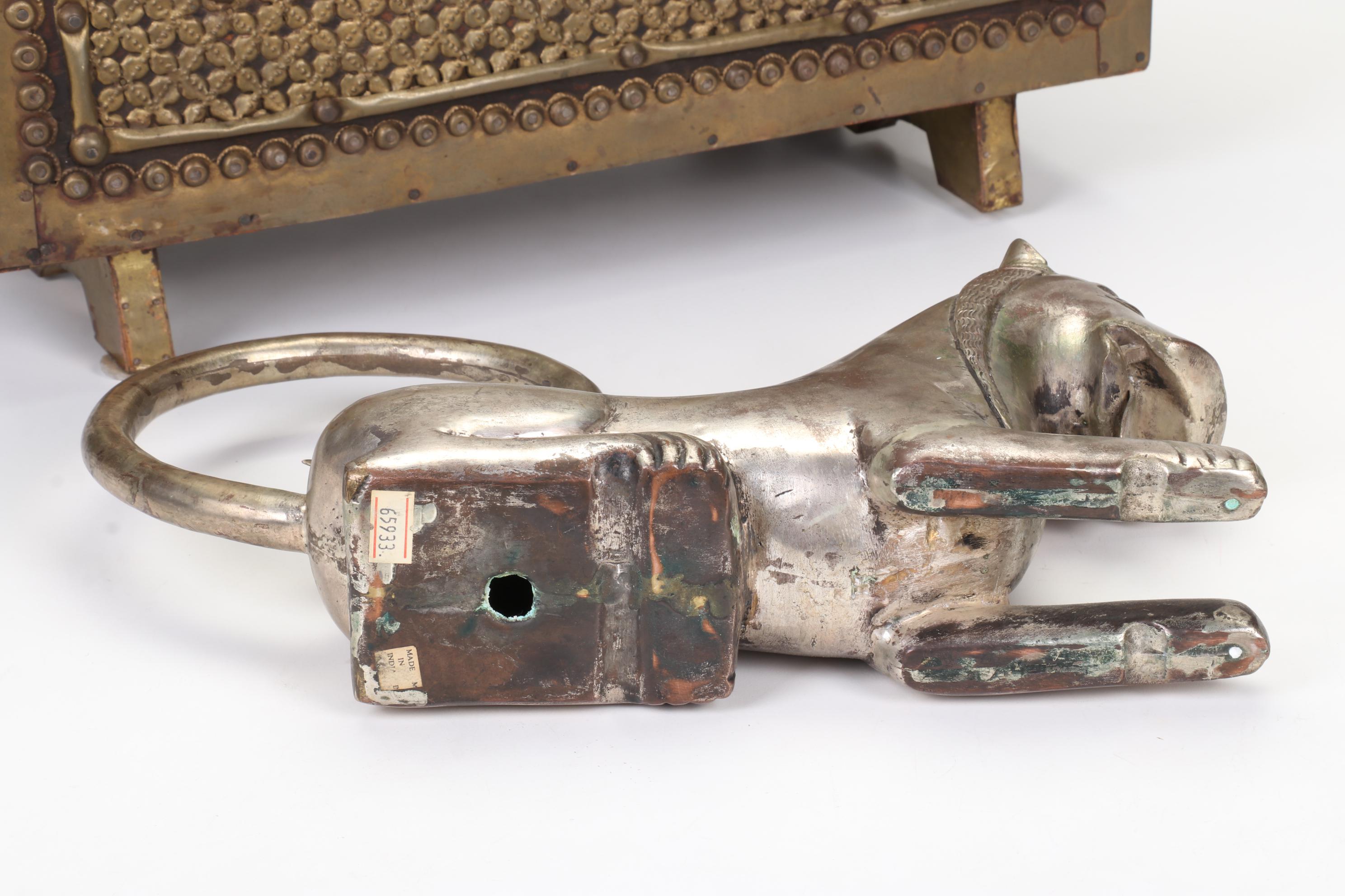 Persian Brass-Clad Wooden Dowry Chest and Metal Cat Statue