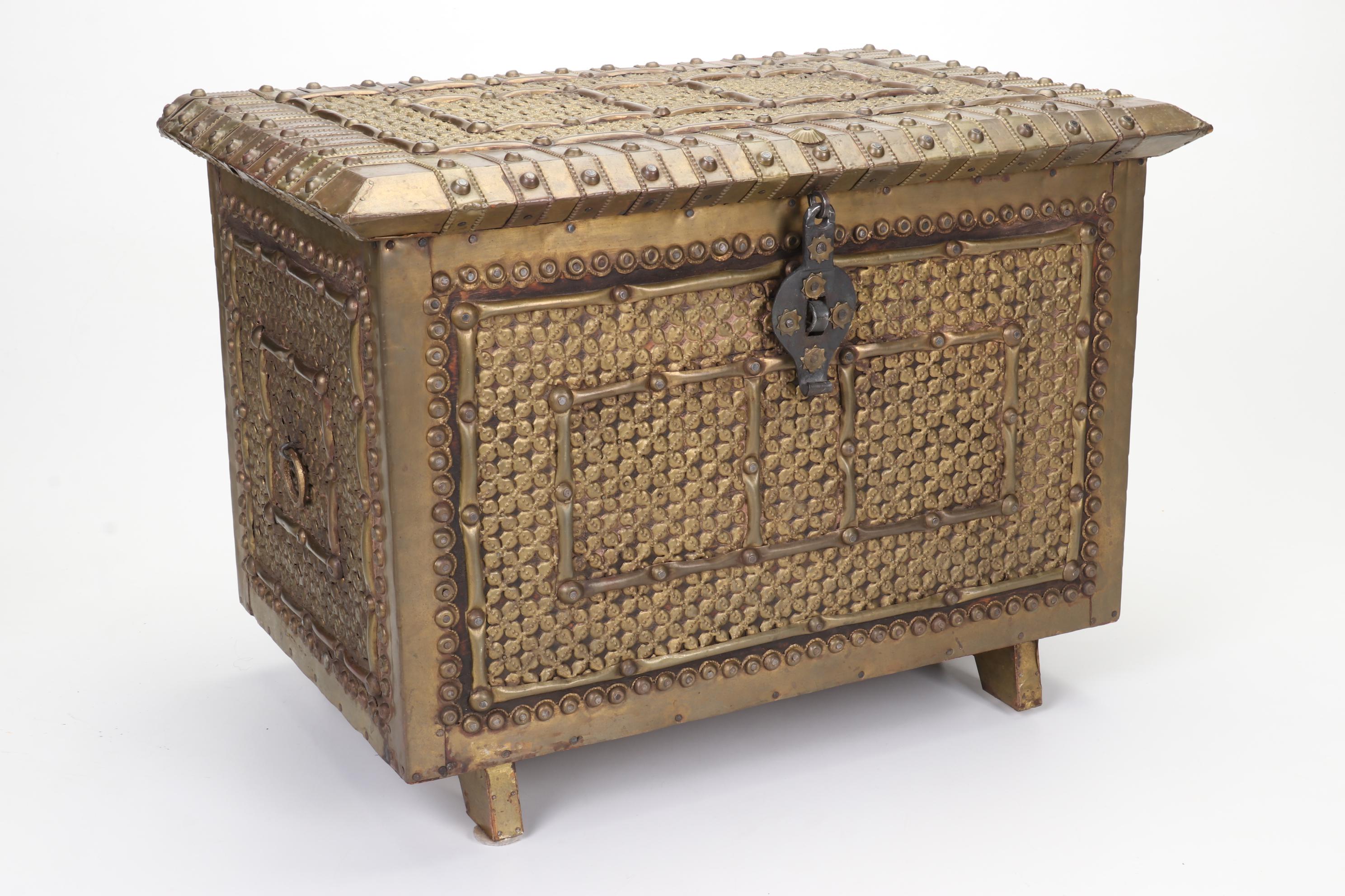 Persian Brass-Clad Wooden Dowry Chest and Metal Cat Statue