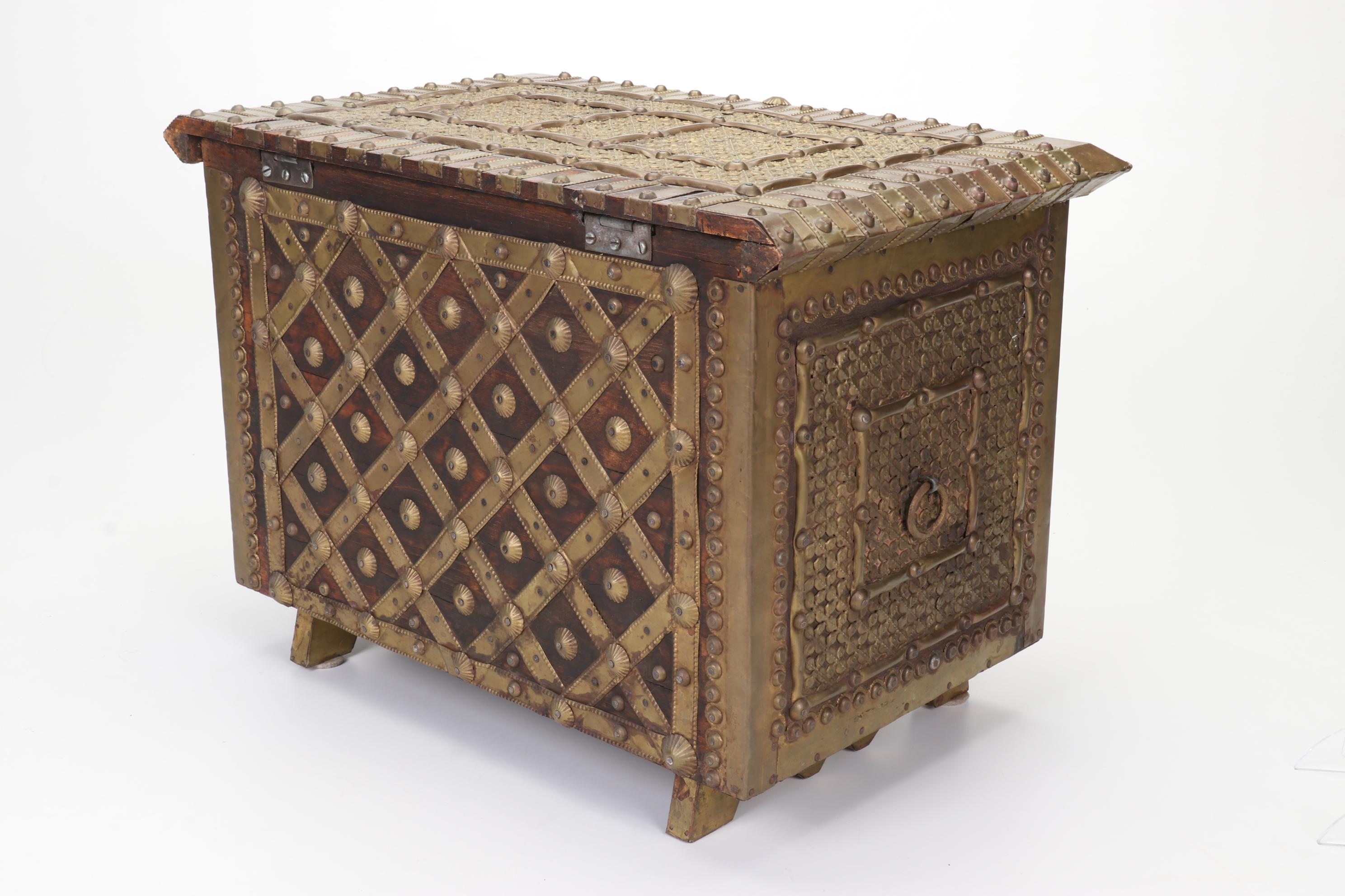 Persian Brass-Clad Wooden Dowry Chest and Metal Cat Statue