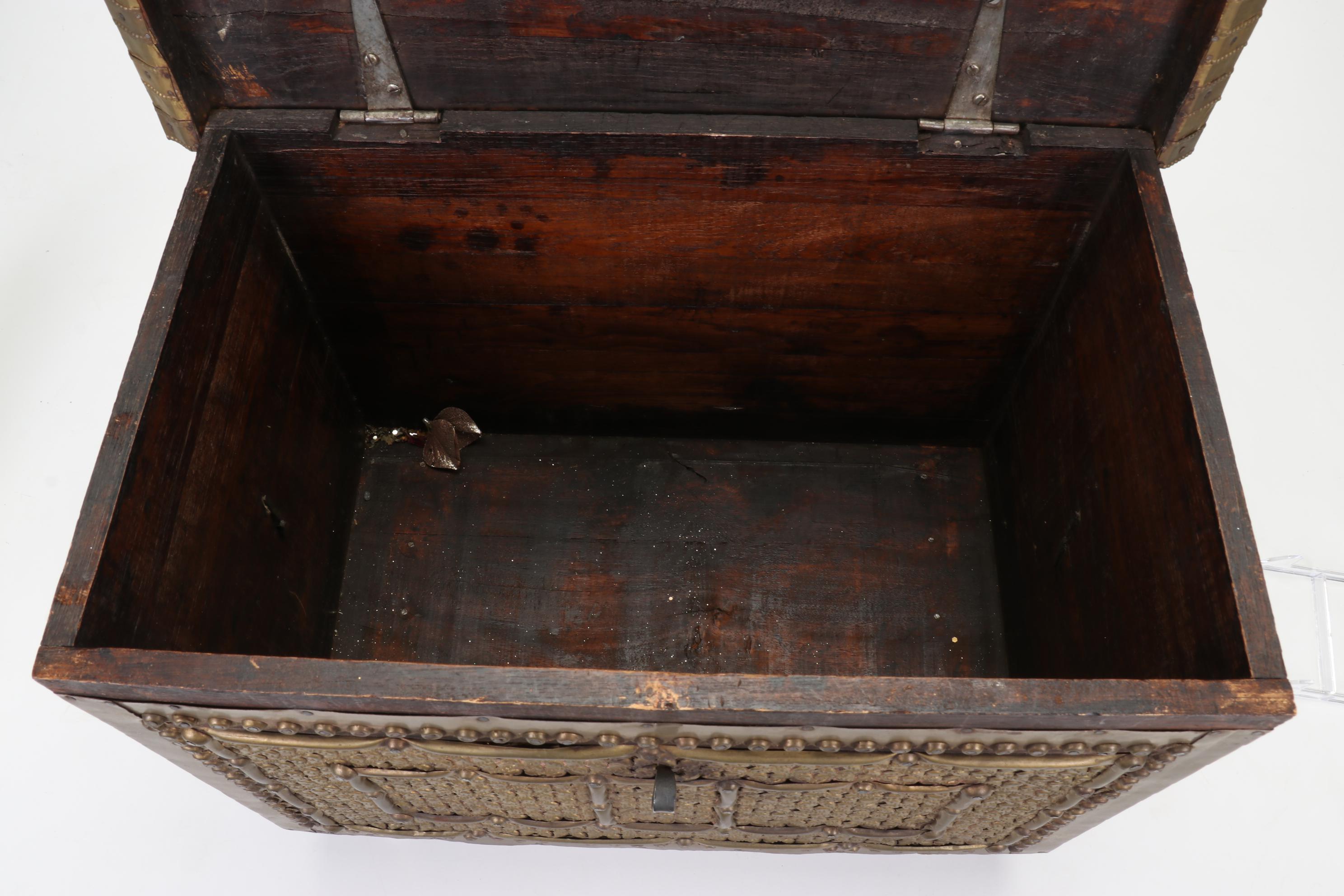 Persian Brass-Clad Wooden Dowry Chest and Metal Cat Statue