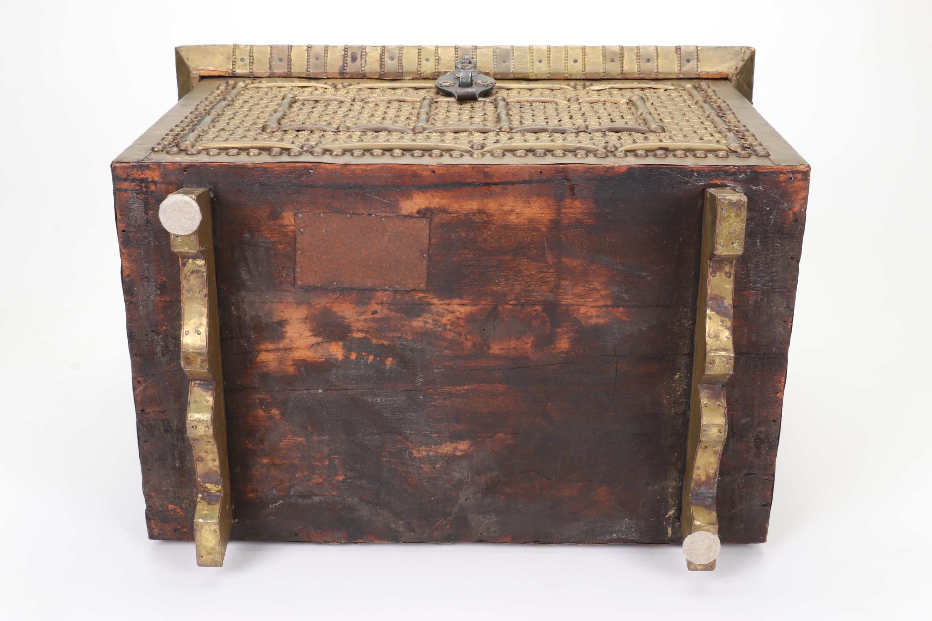 Persian Brass-Clad Wooden Dowry Chest and Metal Cat Statue