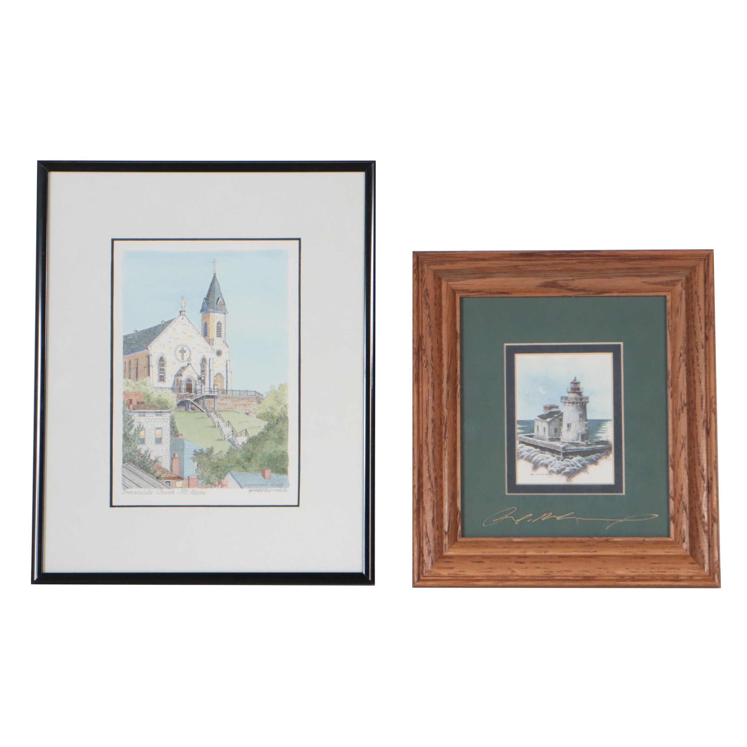 Helen Haberstroh Hand-Colored Lithograph "Immaculate Church-Mt. Adams" and More