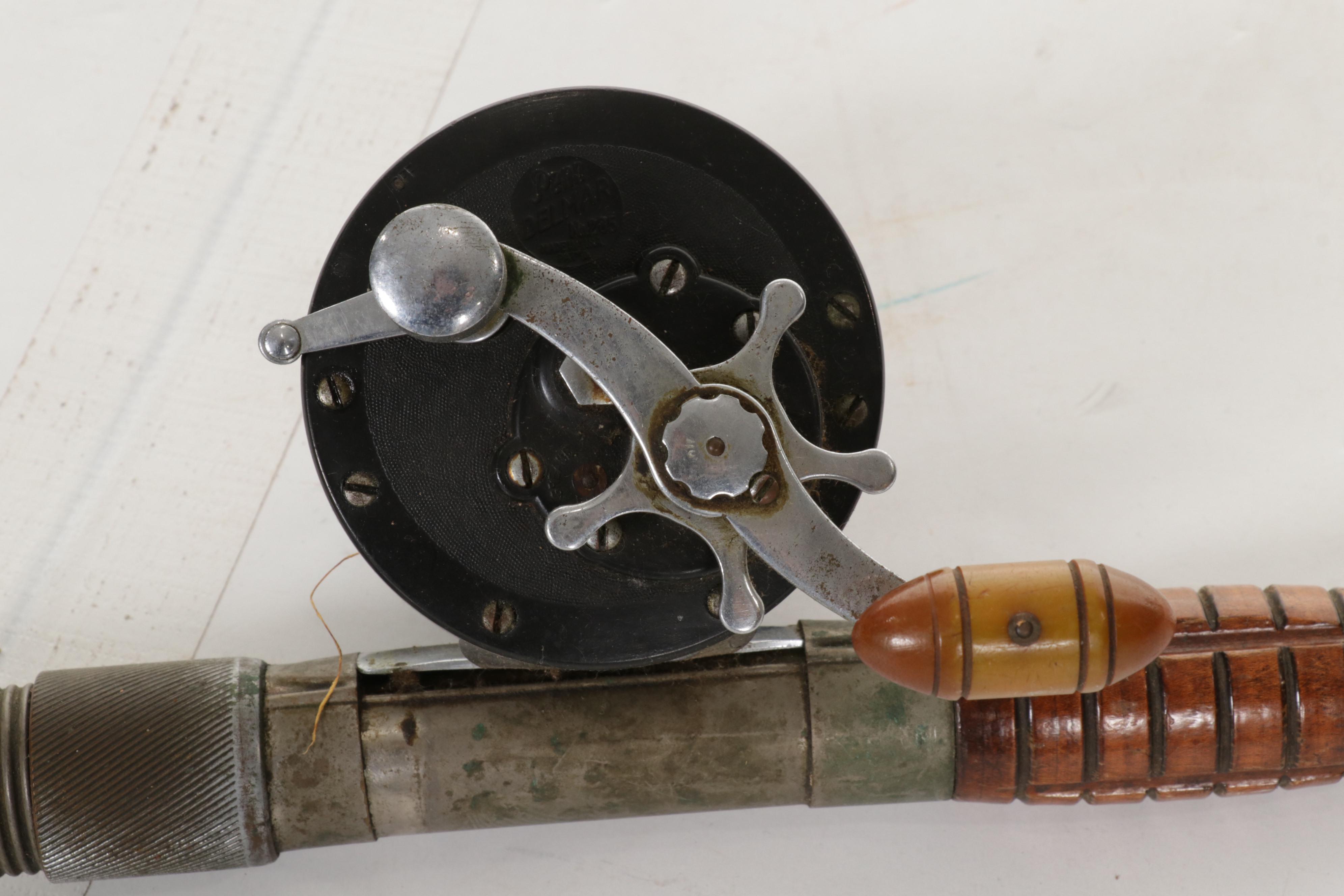 Penn Delmar No. 285 Fishing Reel With Lures and Handcrafted Model Sailboat