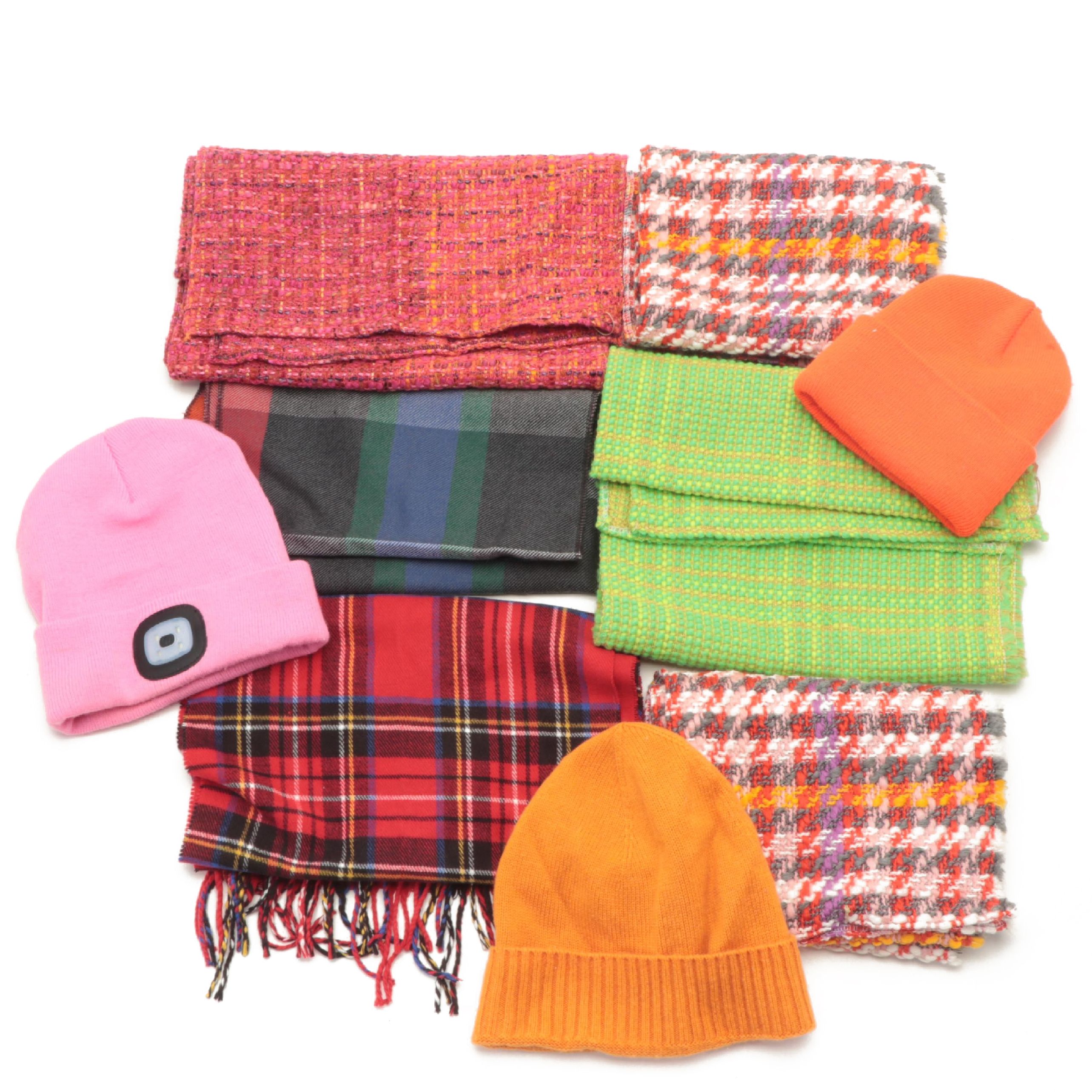 Multicolor Wool Tweed Scarves, Plaid Scarves, and Knit Beanies