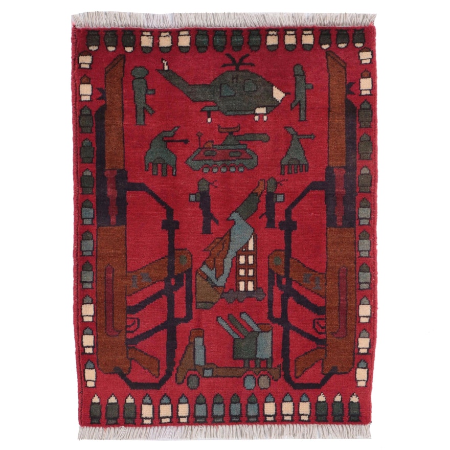 2'1 x 2'11 Hand-Knotted Afghan War Pictorial Accent Rug