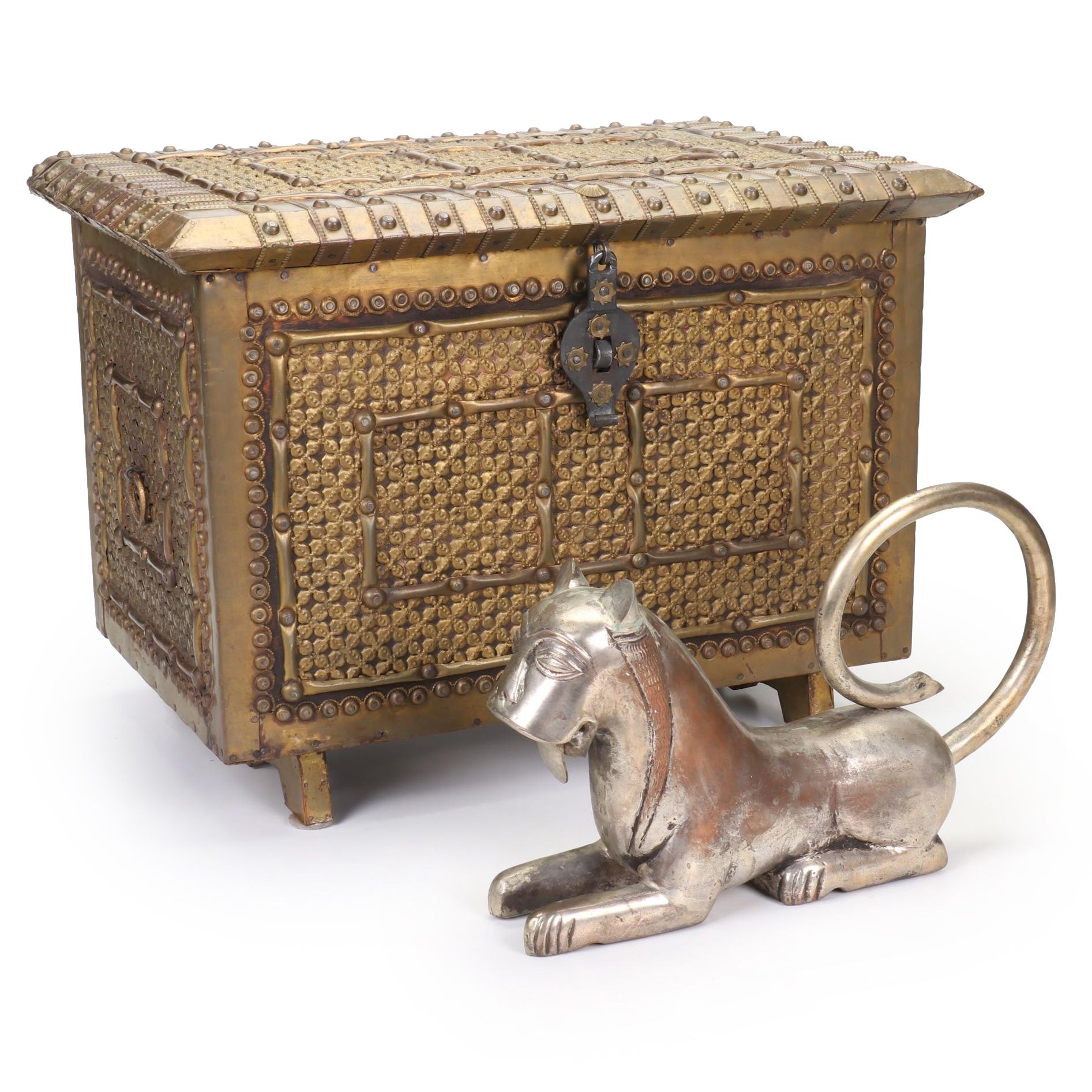 Persian Brass-Clad Wooden Dowry Chest and Metal Cat Statue
