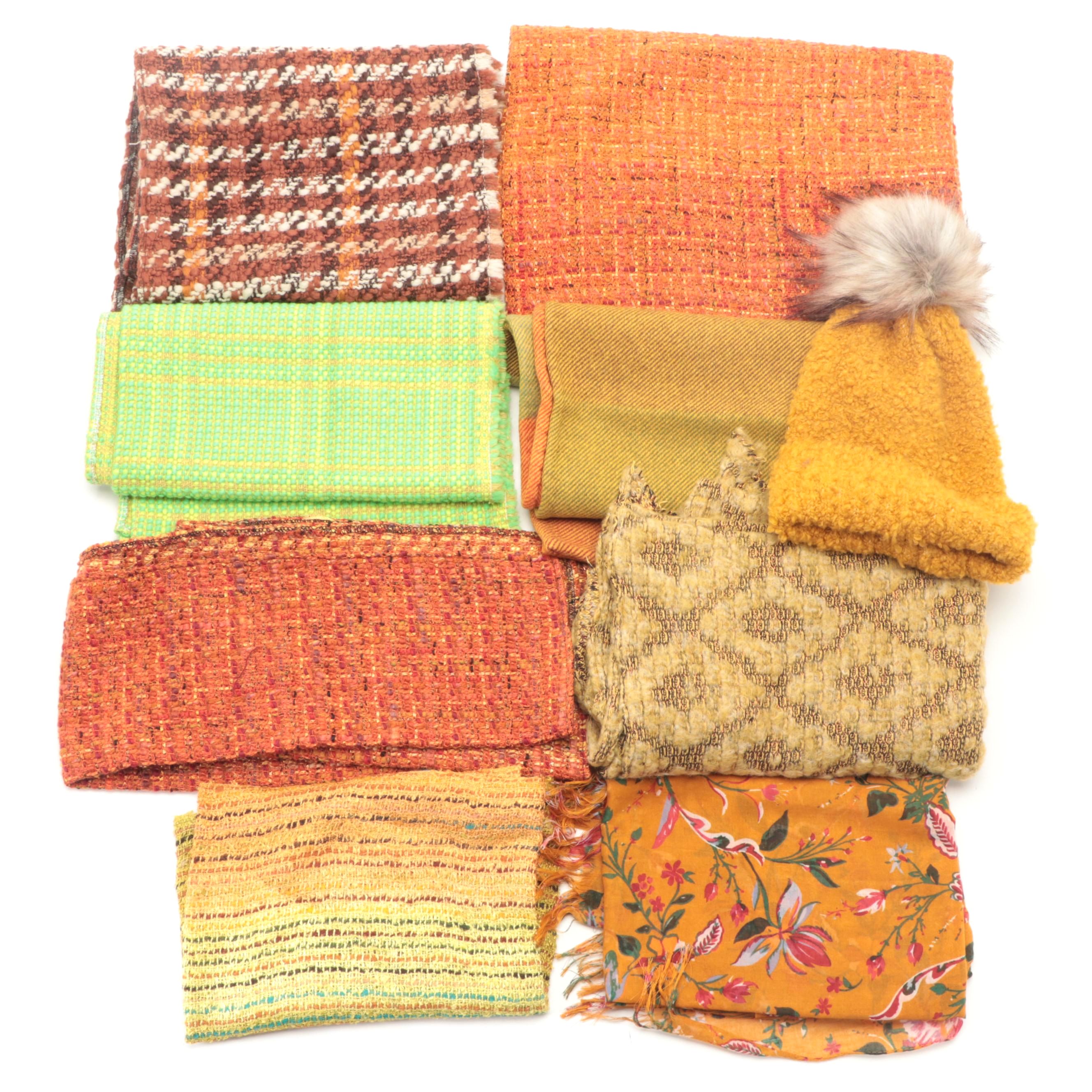 Multicolor Wool Tweed and Other Scarves with Faux Fur Pom-Pom Beanie