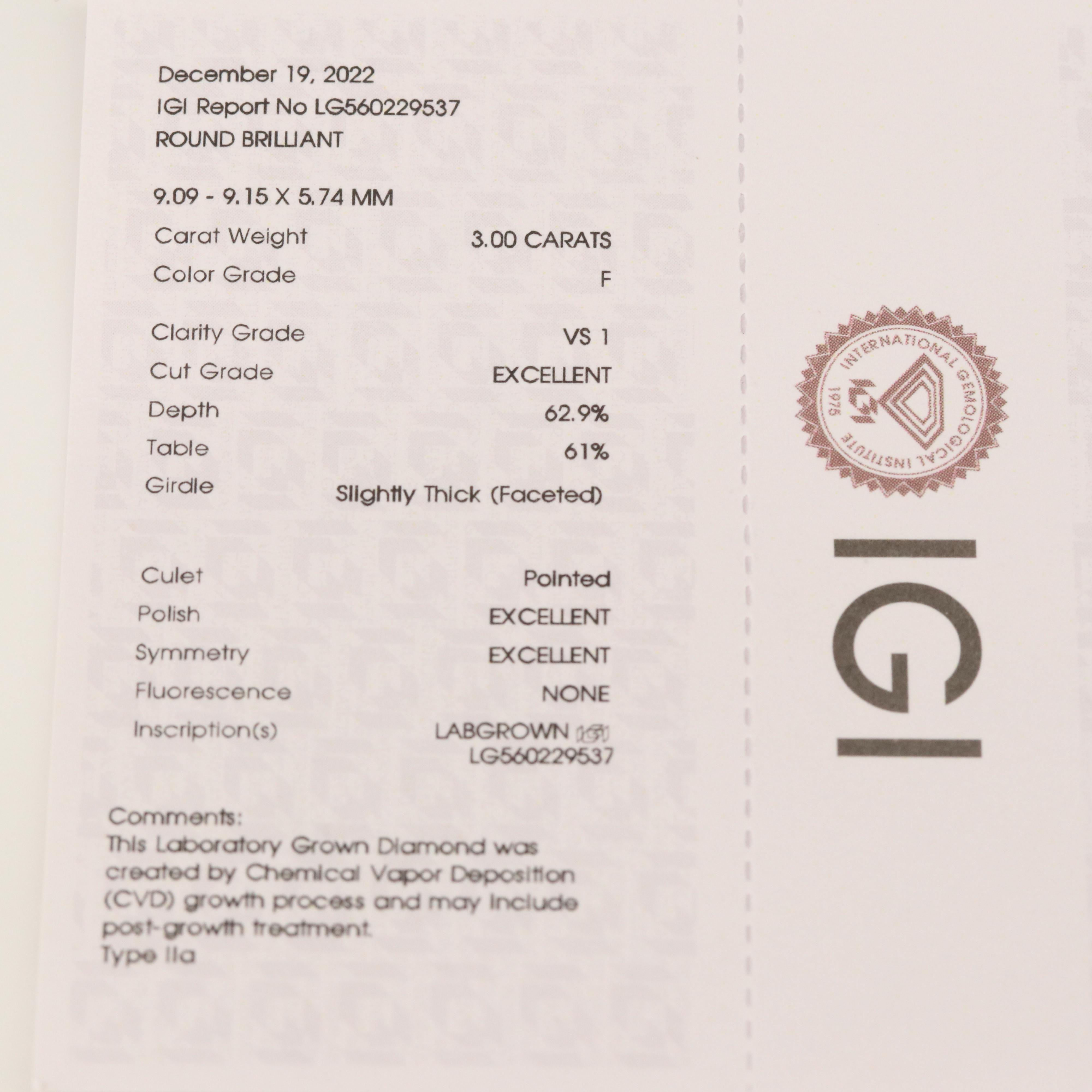 Loose 3.00 CT Lab Grown Diamond with IGI Report