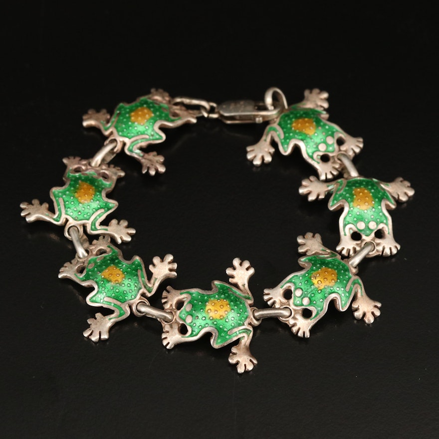 Mexican 980 Silver Enamel Frog Bracelet