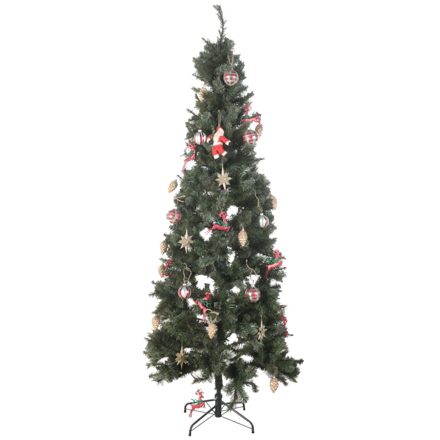 Artificial 7.5' Narrow Christmas Tree with String Lights and Ornaments