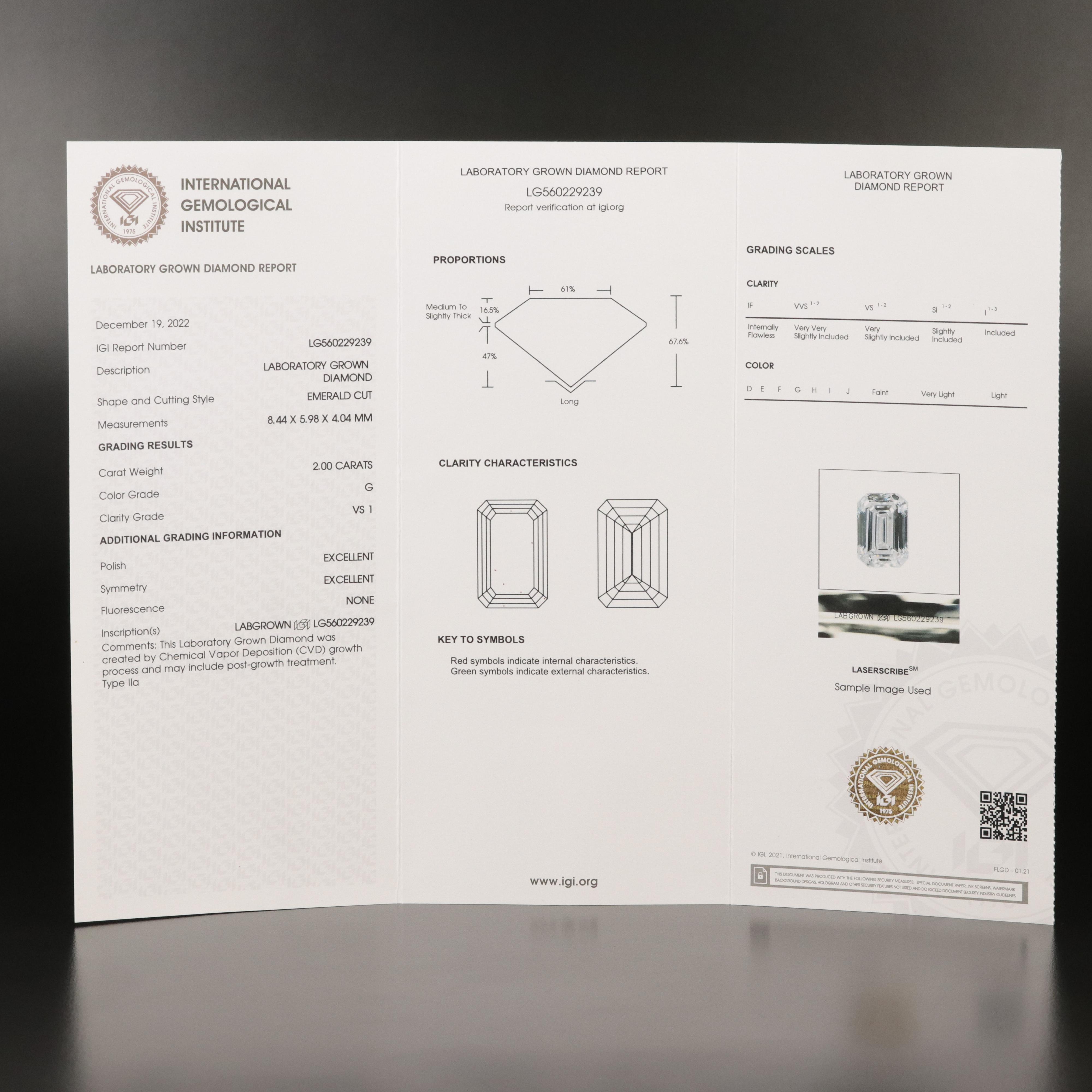 Loose 2.00 CT Lab Grown Diamond with IGI Report