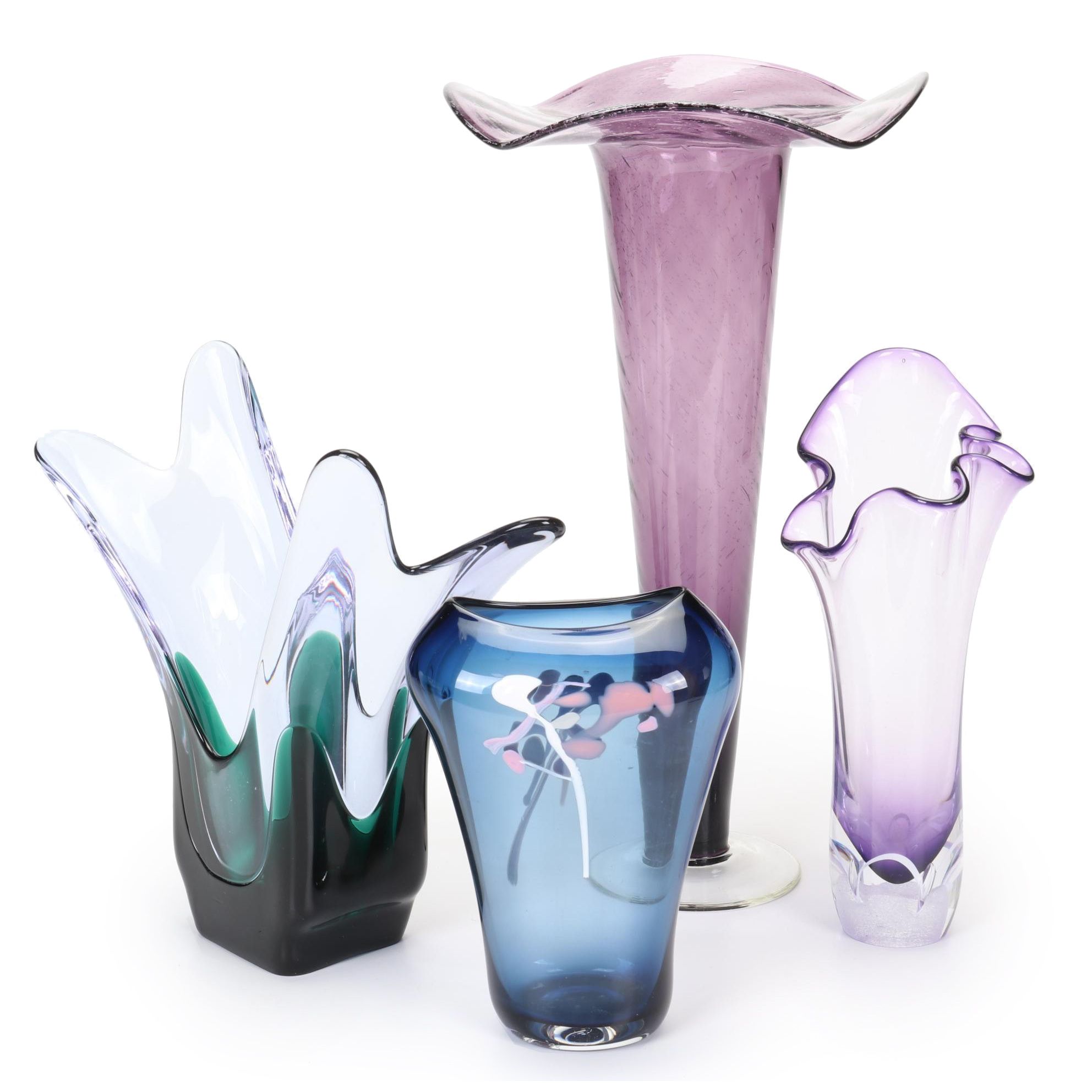 Signed Varsava Amethyst Glass Vase with Other Blown Glass Art Vases