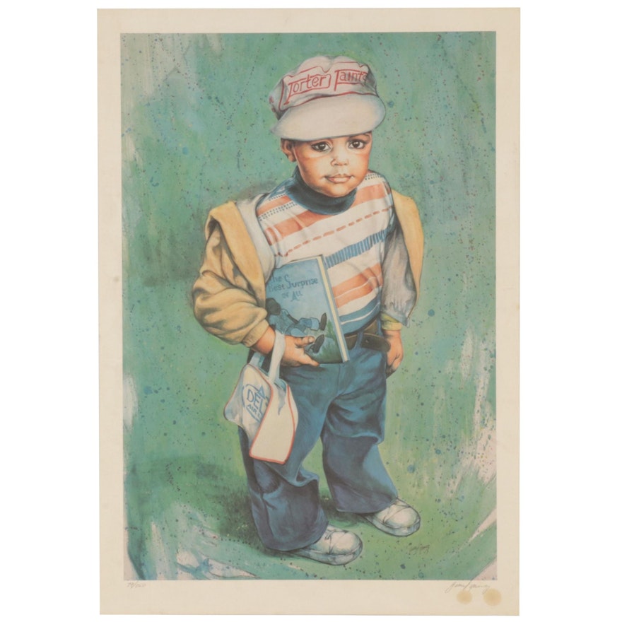 Jim F. Young Offset Lithograph of Young Boy Holding Book, Circa 1970