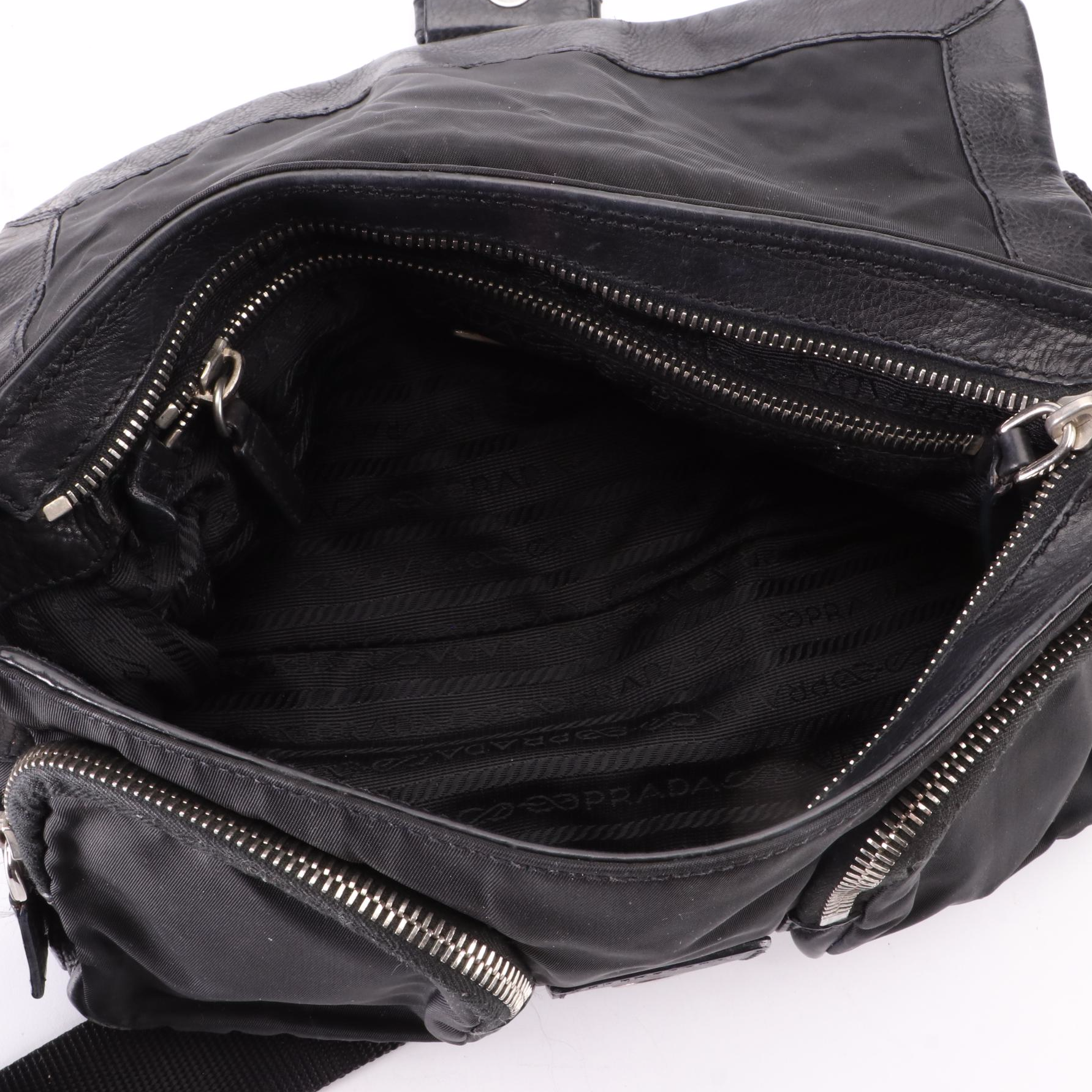 Prada Double Pocket Buckle Flap Bag in Black Nylon Gabardine and Leather