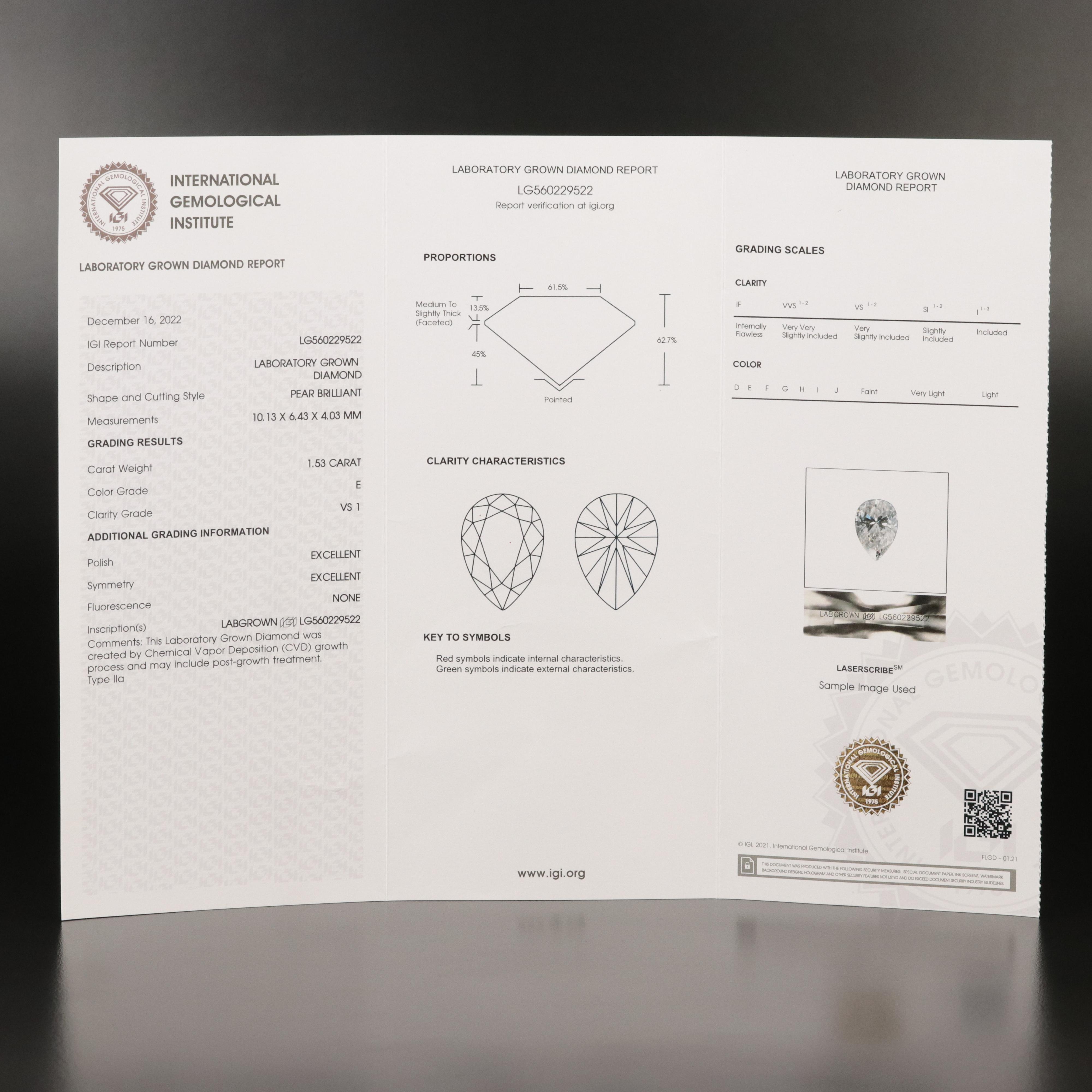 Loose 1.53 CT Lab Grown Diamond with IGI Report