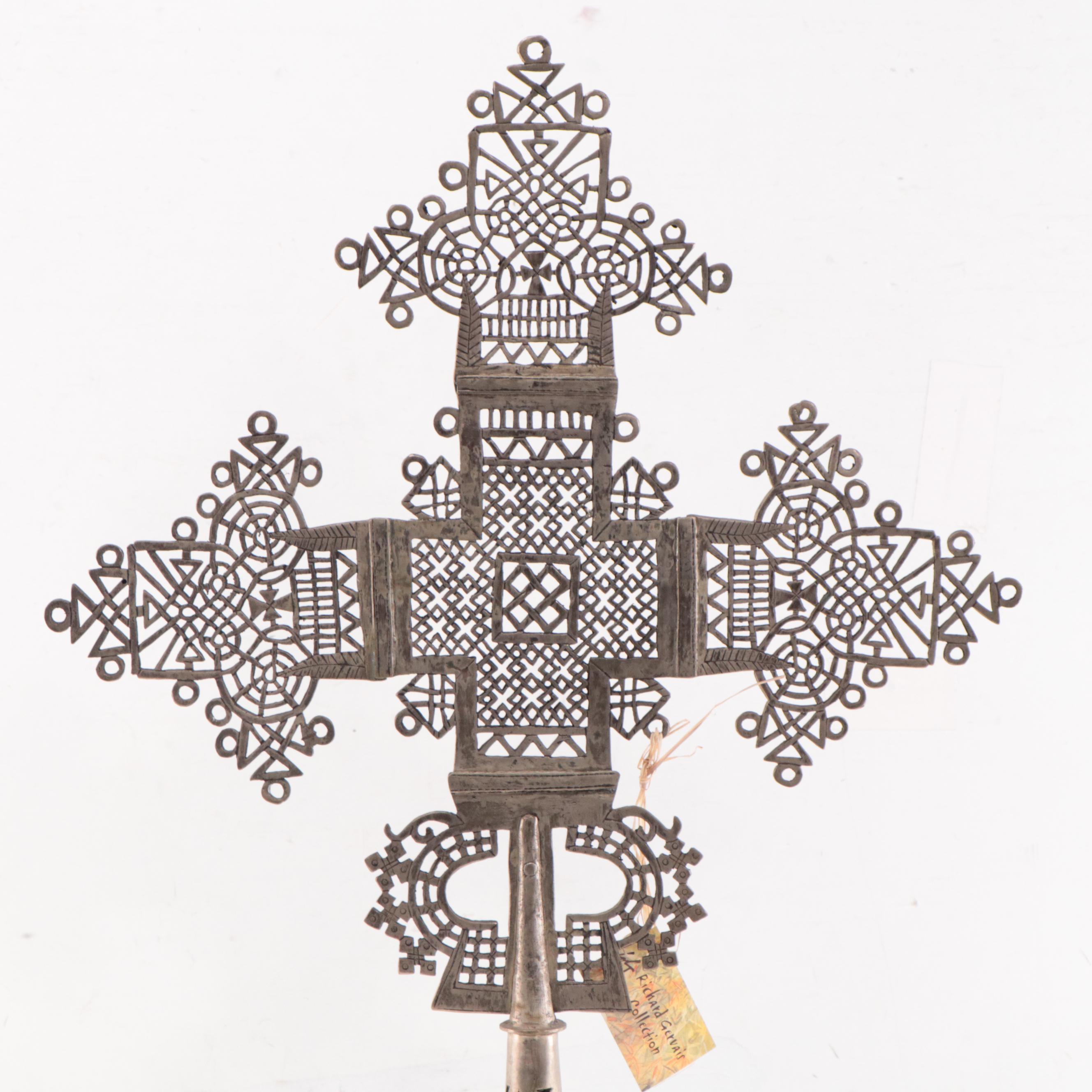 Ethiopian Coptic Nickel Plated Brass Processional Cross, Mid-20th Century