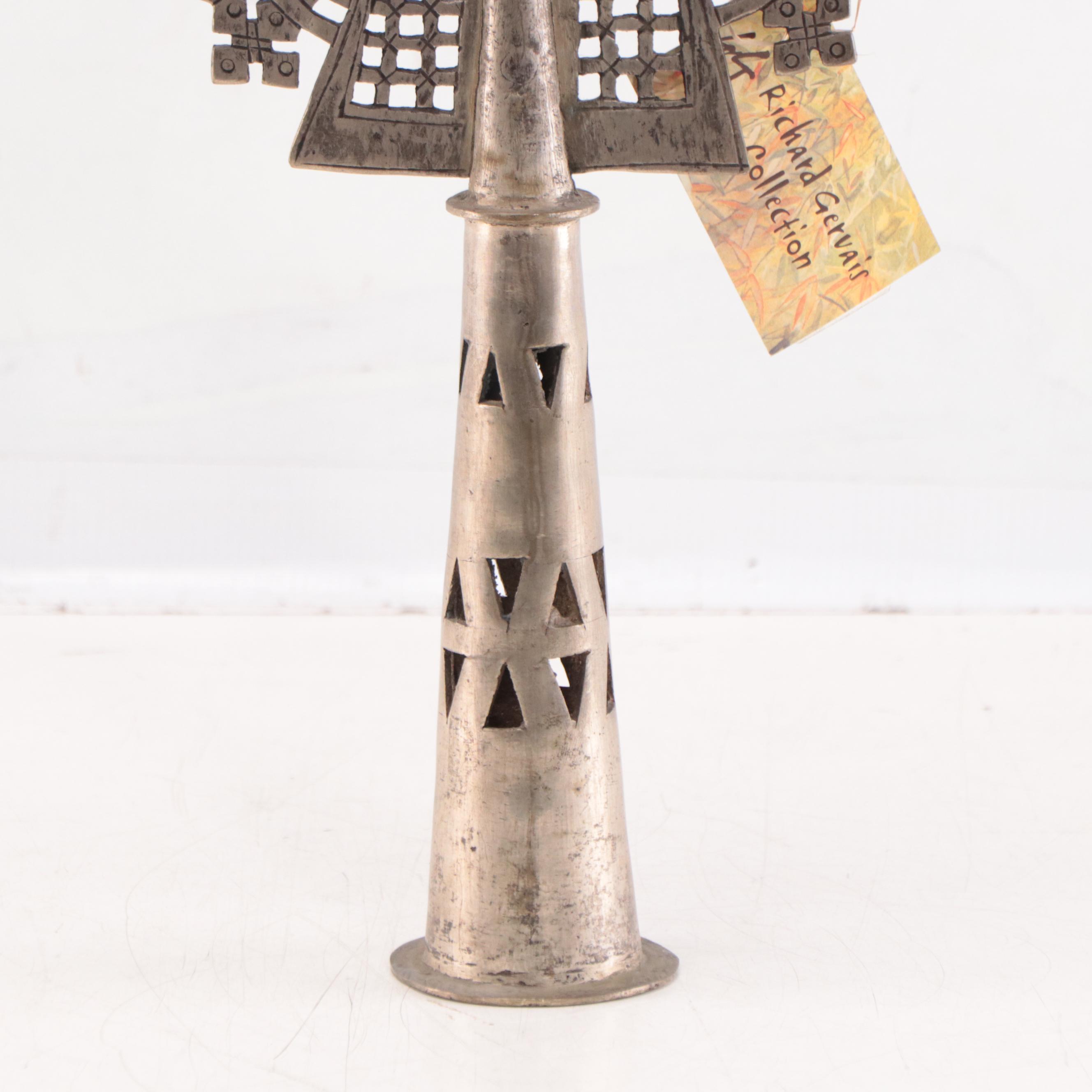 Ethiopian Coptic Nickel Plated Brass Processional Cross, Mid-20th Century