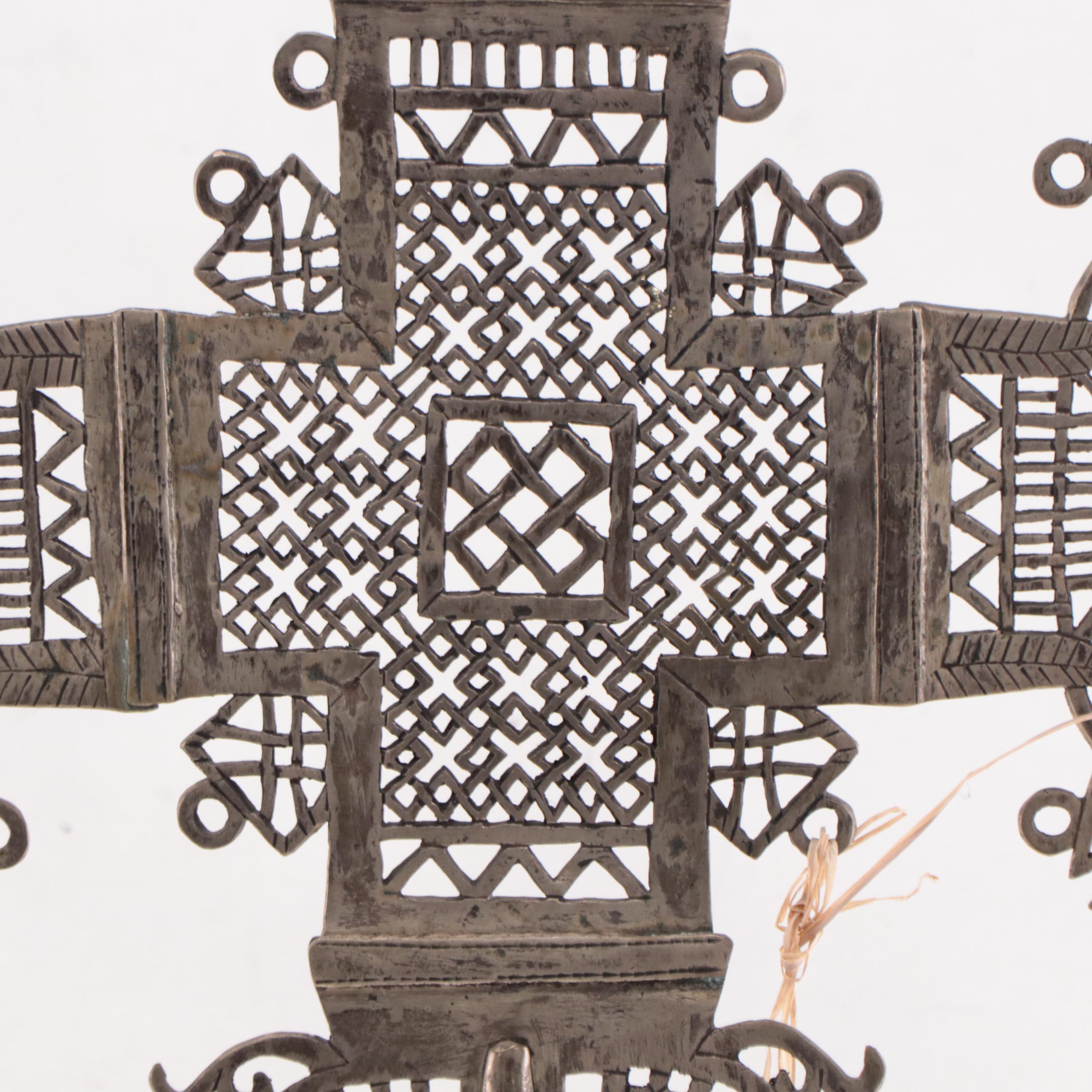 Ethiopian Coptic Nickel Plated Brass Processional Cross, Mid-20th Century