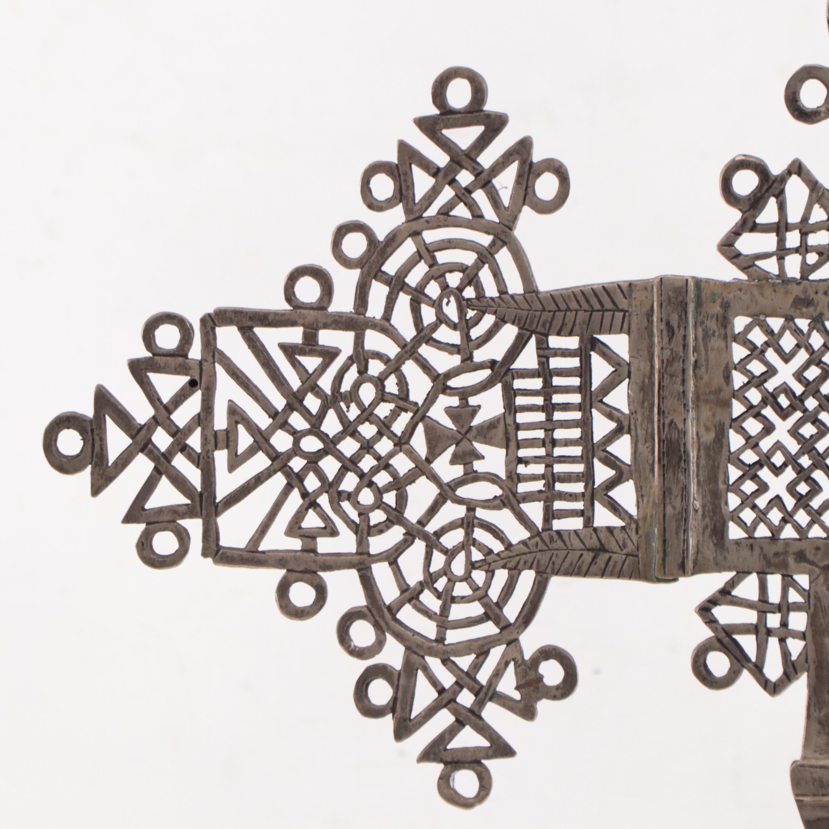 Ethiopian Coptic Nickel Plated Brass Processional Cross, Mid-20th Century
