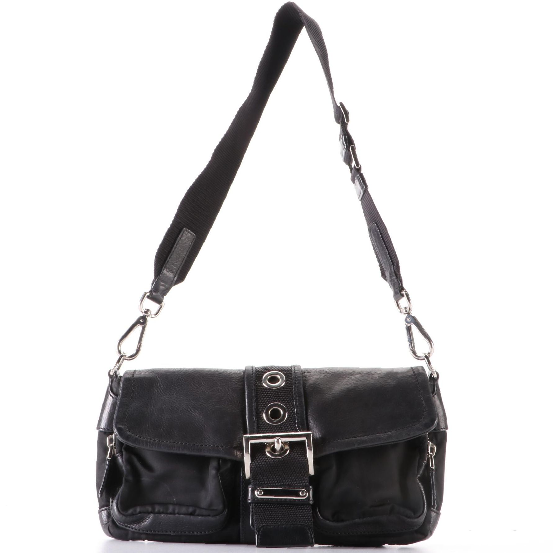 Prada Double Pocket Buckle Flap Bag in Black Nylon Gabardine and Leather